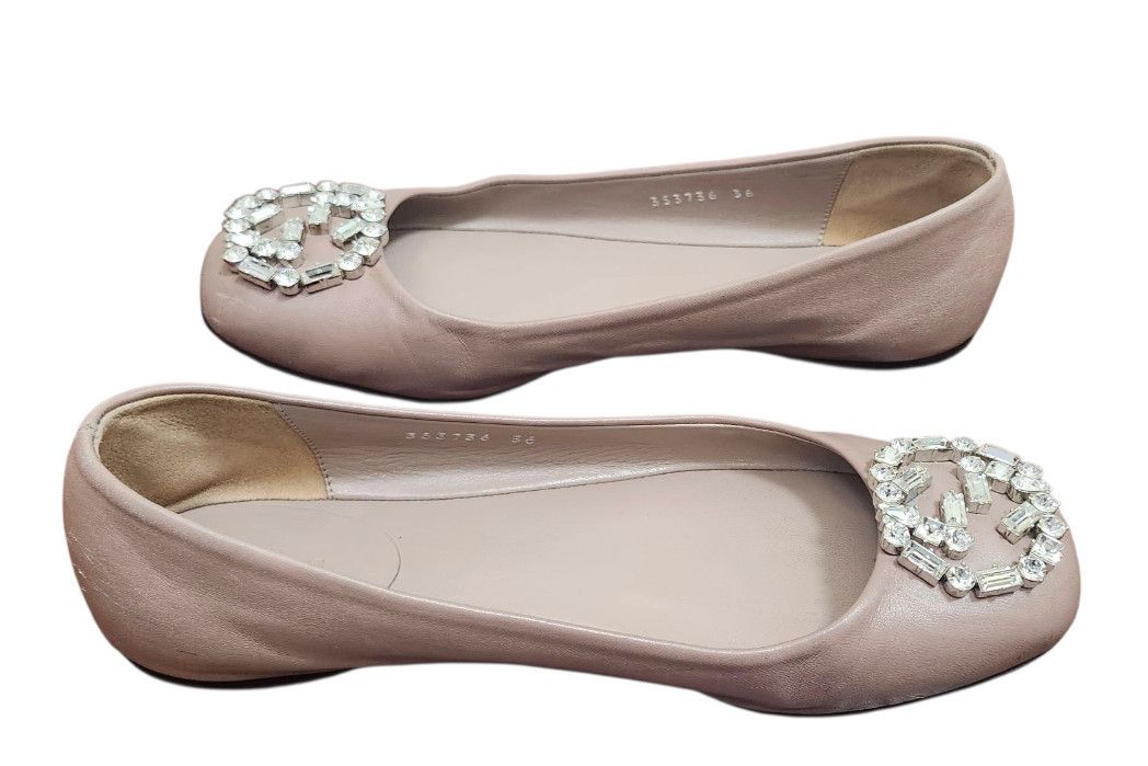 Gucci Gucci Women's Flats Pink Satin Square Toe GG Crystal Logo Size US 5.5 / IT 35.5 - 6 Thumbnail