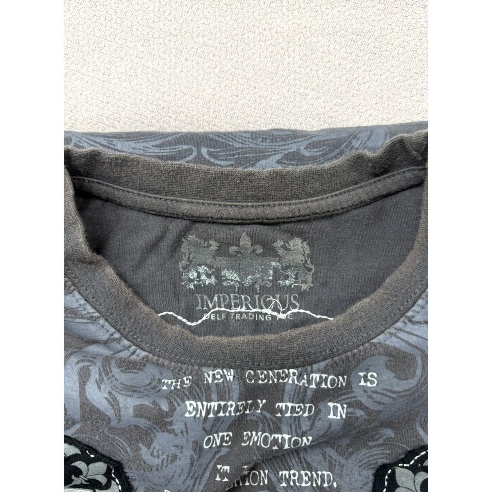Affliction Imperious Delf Trading T-Shirt Men’s XL Gray Grunge Biker Y2K Double-Sided Graphic Print Logo Crew Neck Short Sleeve Size US XL / EU 56 / 4 - 5 Thumbnail