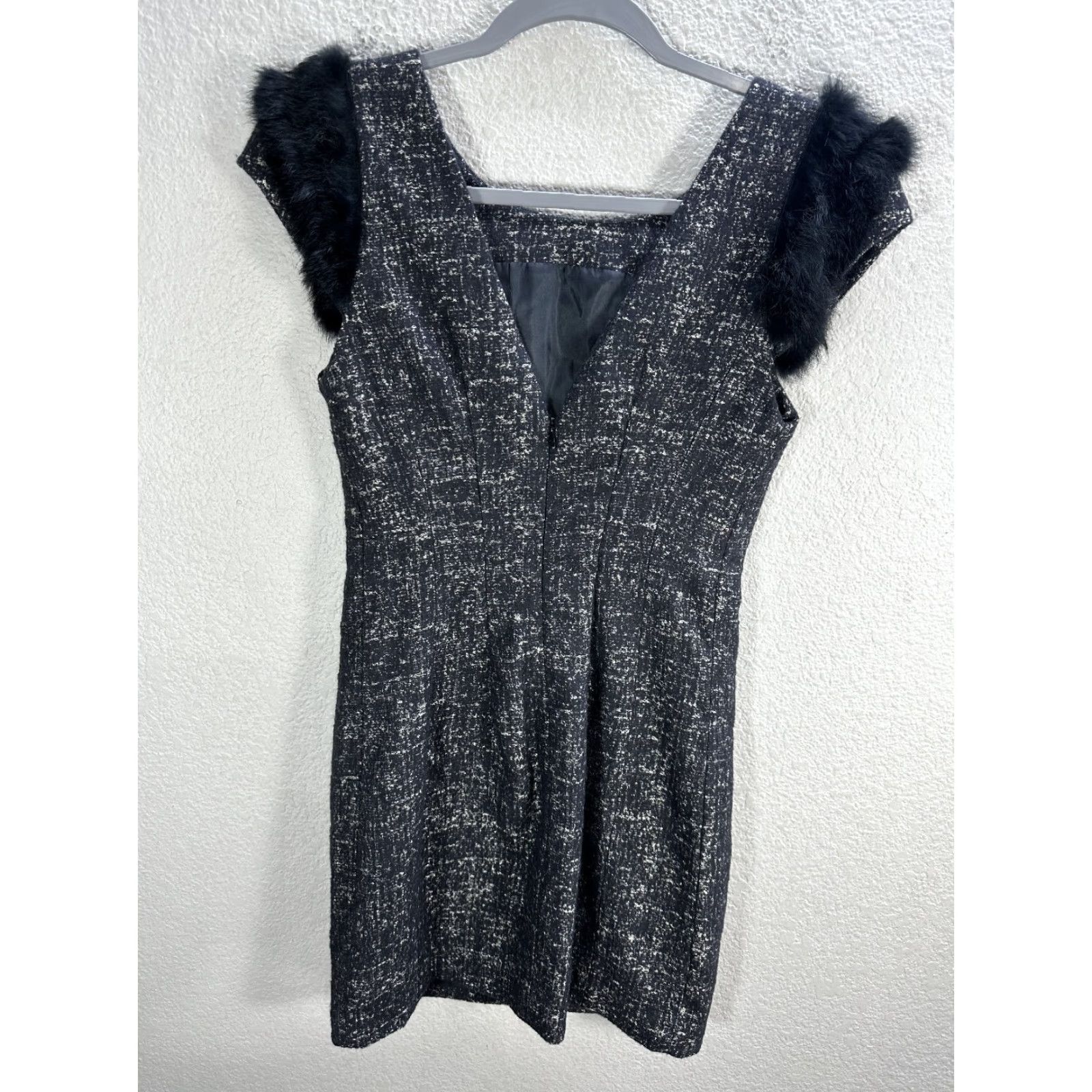 Vintage McGinn Mini Dress Wool Polyester Gray Black Fur Trim Stoned Rabbit Open Back NWT Sz 4 Party Cocktail Women US 4 Size S / US 4 / IT 40 - 6 Thumbnail