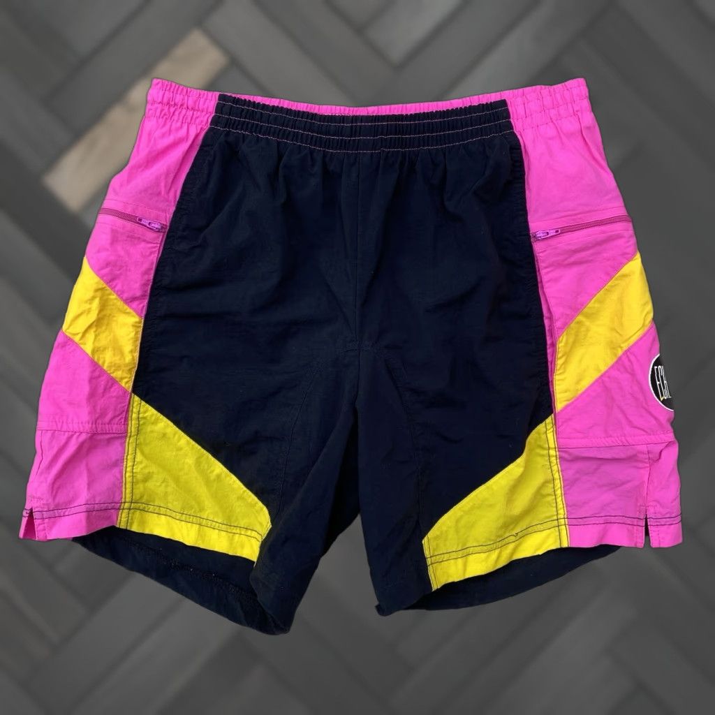 Nike VINTAGE Nike Echelon Men’s Nylon Shorts Ball Black Pink Yellow Geometric Logo Drawstring Pockets 1980s 1990s Cycling Mens L Size US 33 - 1 Thumbnail