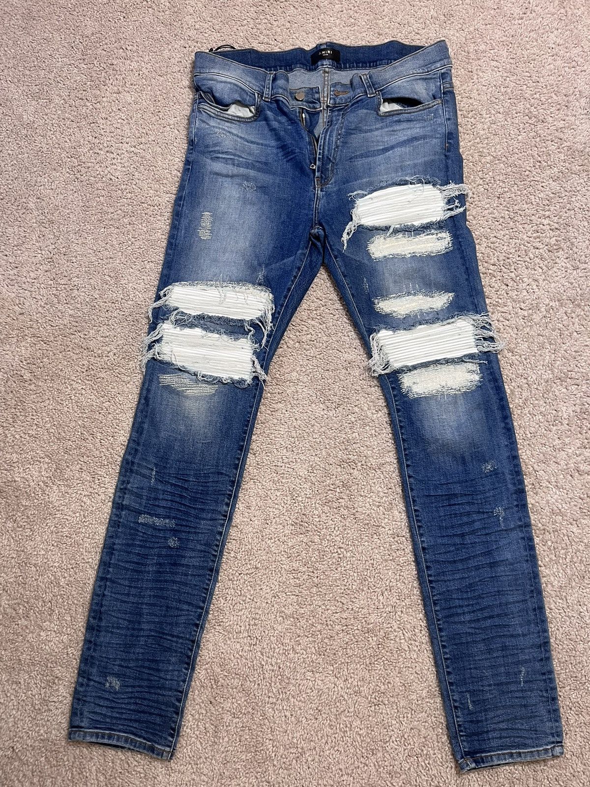 image of Amiri Mx1 White Leather Distressed Blue Denim Jeans in Indigo White, Men's (Size 38)