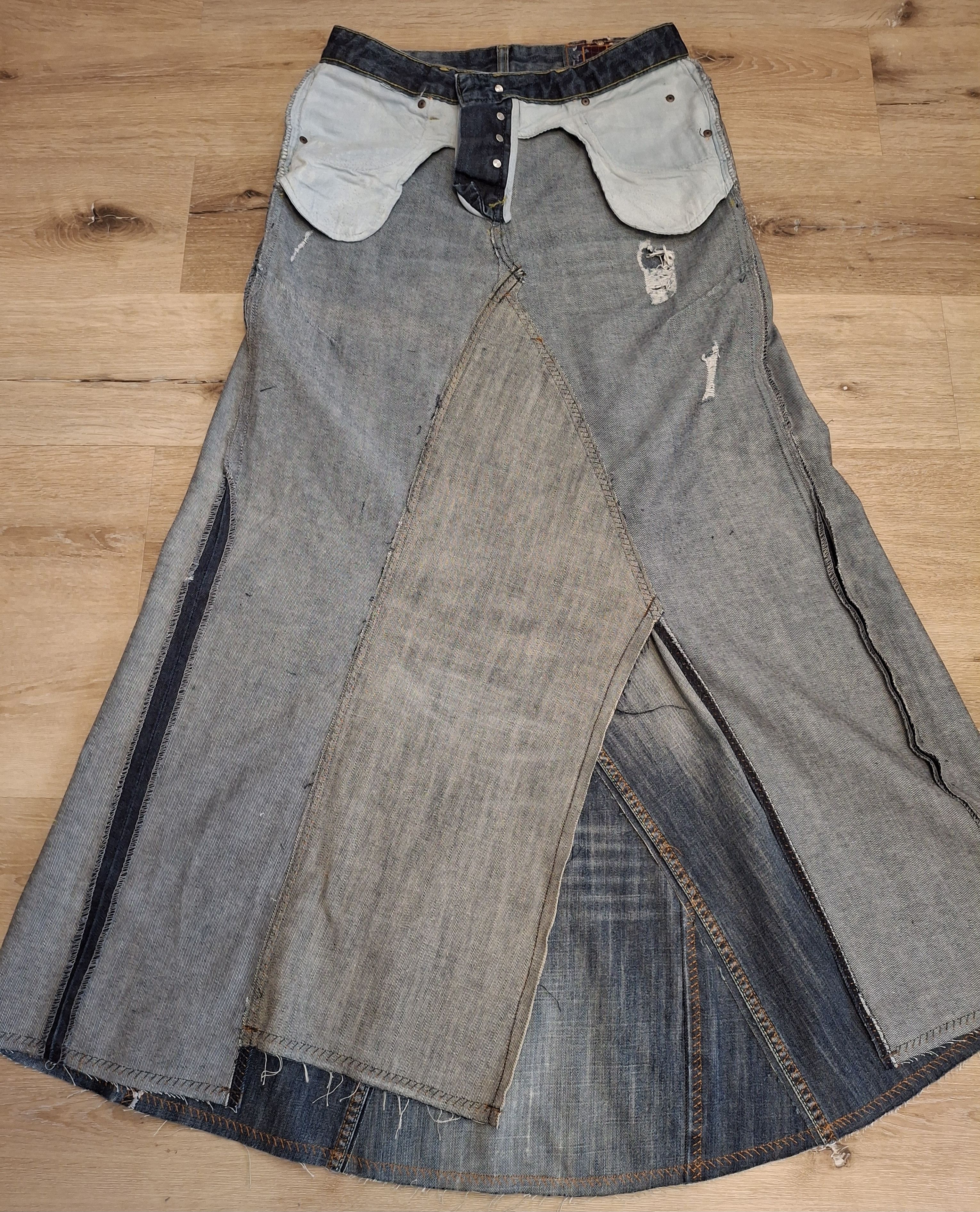 Handmade Avant Garde Deconstructed Rigid Denim Maxi Skirt Size 32" / US 10 / IT 46 - 15 Thumbnail