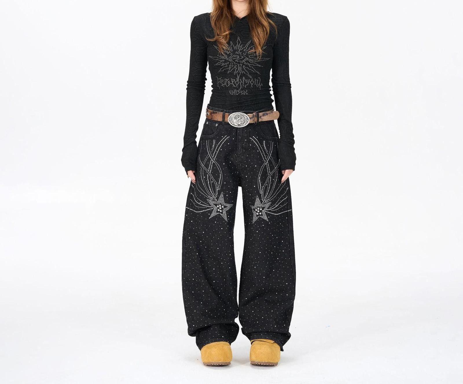 Japanese Brand Black Wide Leg Pants with Star Rhinestone Embellishment Size 27" / US 4 / IT 40 - 3 Thumbnail