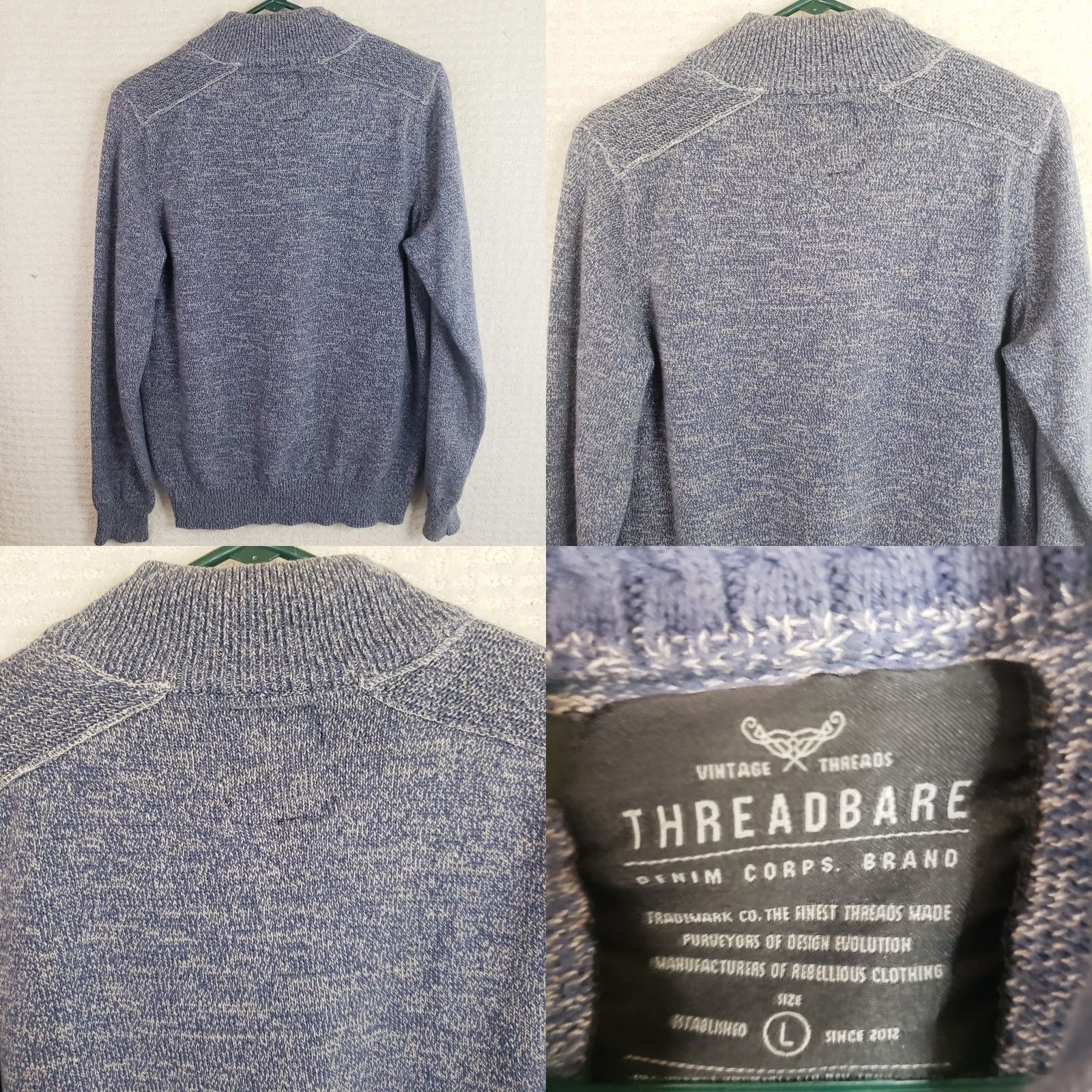 Vintage Threadbare Mens L Blue Denim Look Cotton 1/4 Zip Mock Neck Sweater Shirt Knit Pullover Casual Womens? Mens? Size US L / EU 52-54 / 3 - 8 Thumbnail
