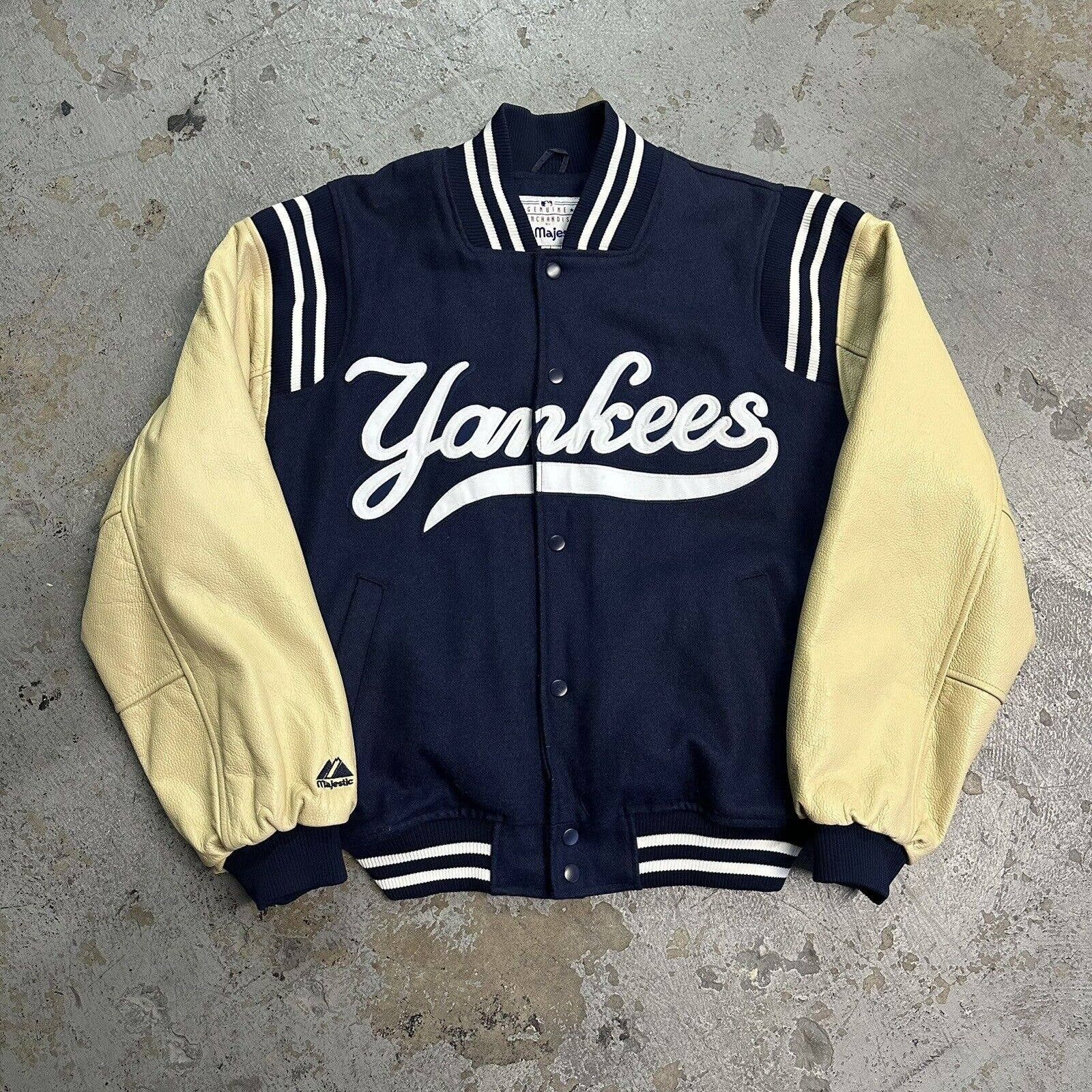 image of Vintage Majestic Yankees Leather Wool Varsity Jacket in Blue, Men's (Size Large)
