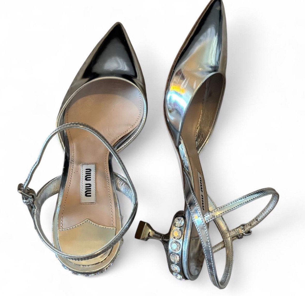Miu Miu Miu Miu Silver Patent Leather Pointed Toe Slingback Heels Size US 5 / IT 35 - 5 Thumbnail