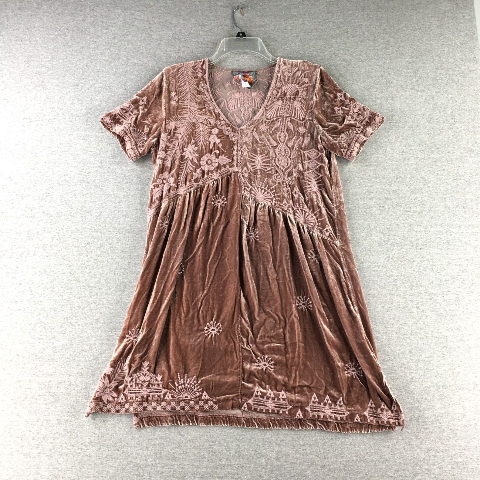 image of Johnny Was Dress Womens S Dylan Embroidered Velvet Tunic Dress In Vintage Rose in White (Size Small