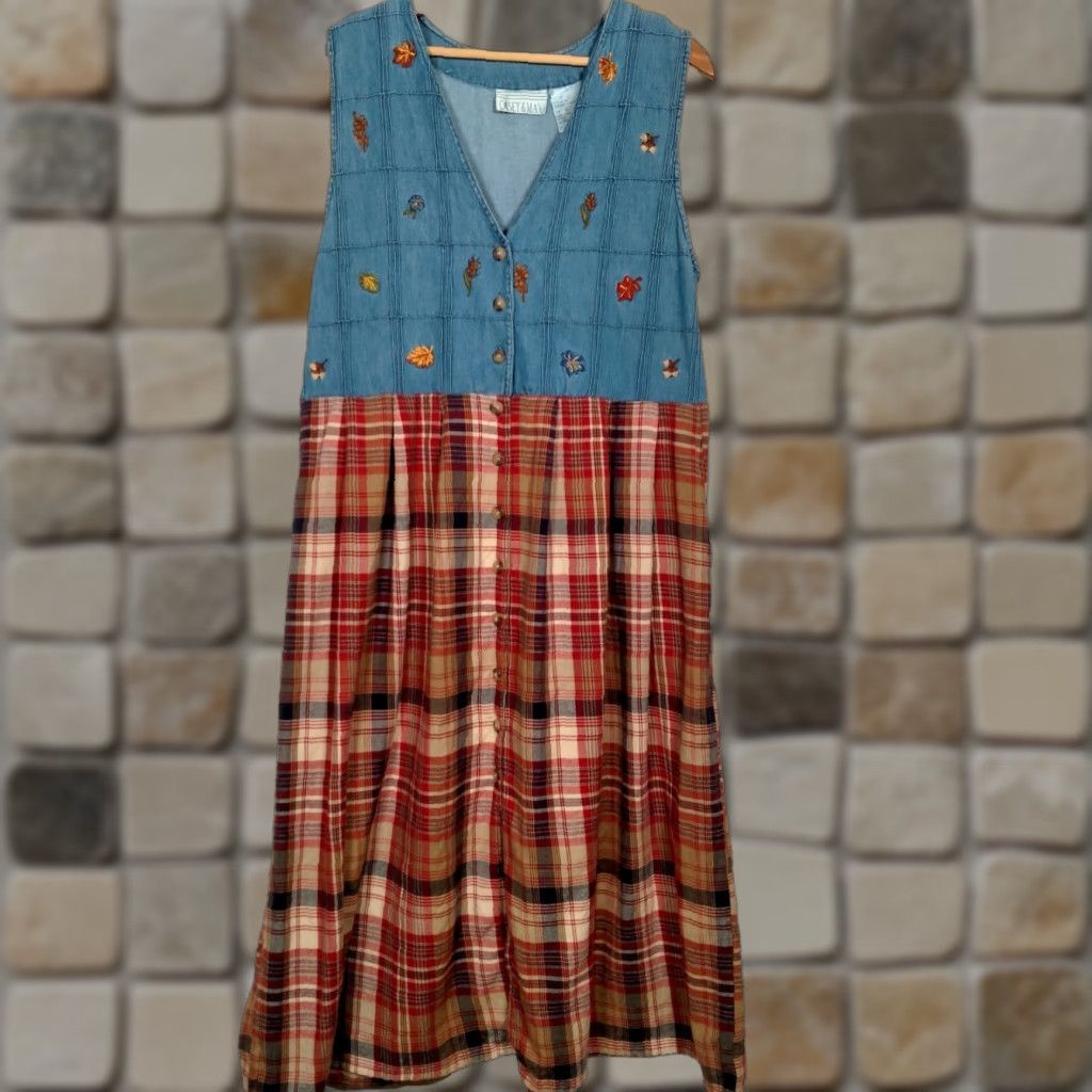 VINTAGE Max Casey Jumper Dress Large Multicolor Chambray Flannel