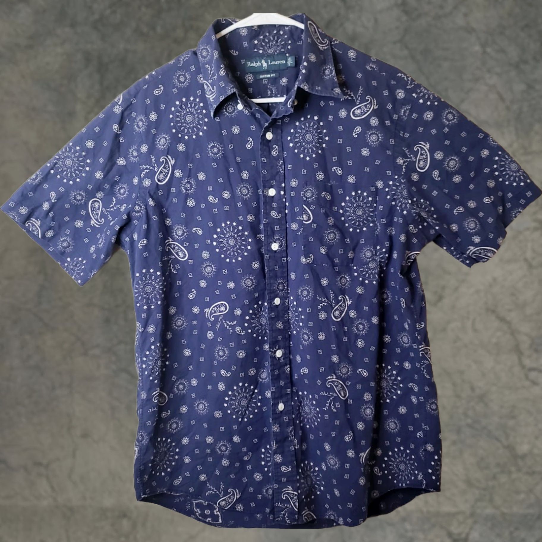 Ralph Lauren Ralph Lauren Custom Fit Men's L Navy Blue Star Burst Paisley Short Sleeve Button-Up Shirt Size US L / EU 52-54 / 3 - 1 Thumbnail