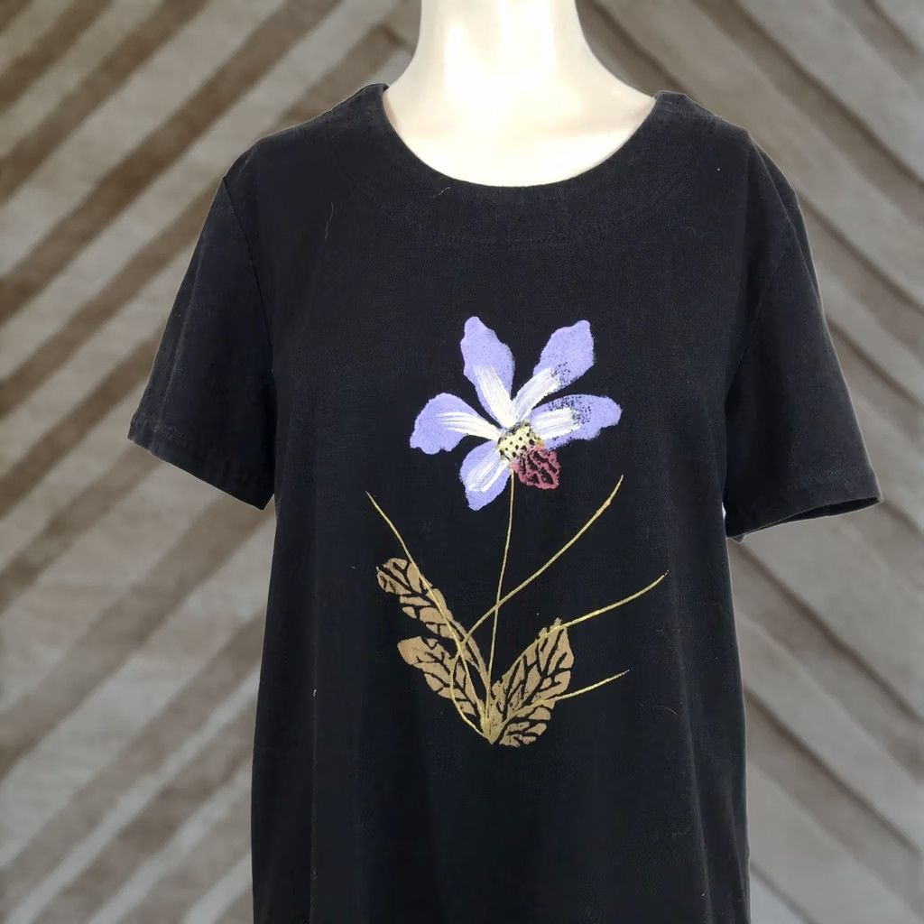 Vintage ISLAND ATTITUDES ROUND NECK DRESS WOMEN'S M/L BLACK FLORAL SHORT SLEEVE Size 32" / US 10 / IT 46 - 1 Thumbnail