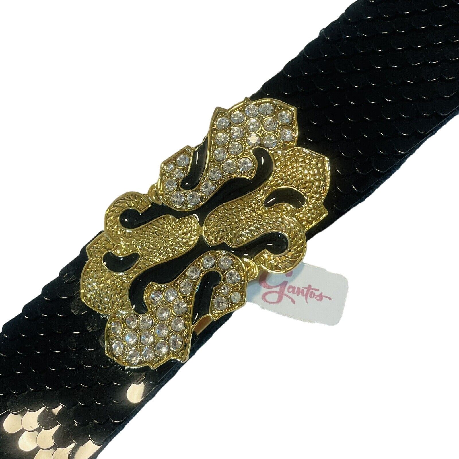 Vintage Vintage Gantos S Black Sequence Belt W Gold Bling Buckle Str Size ONE SIZE - 1 Thumbnail
