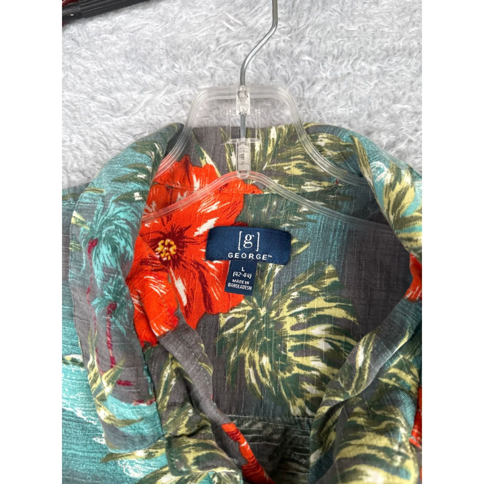 George George Button-Up Shirt Men Large Gray Blue Red Floral Palm Hawaiian 100% Rayon Read Size US L / EU 52-54 / 3 - 7 Thumbnail