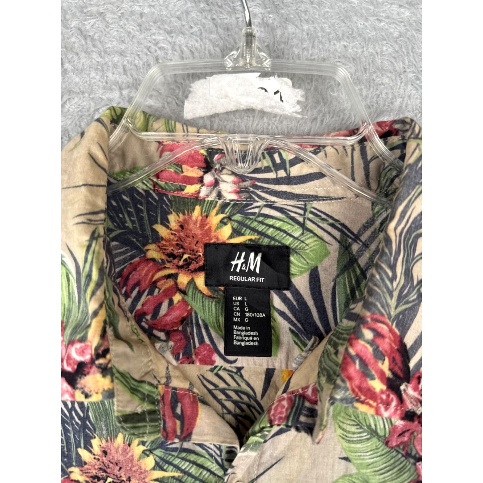 H&M H&M Shirt Adult Large Gray Green Red Floral Leaf Button Up 100% Rayon Pocket Size US L / EU 52-54 / 3 - 7 Thumbnail