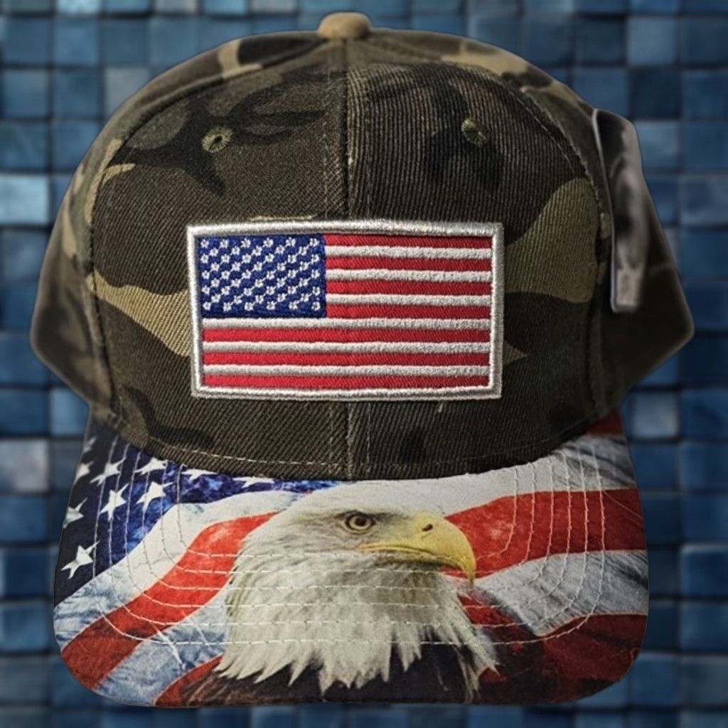 Vintage AMERICAN FLAG USA EAGLE PATRIOTIC BIRD SNAPBACK BASEBALL CAP CAMOUFLAGE Size ONE SIZE - 1 Thumbnail
