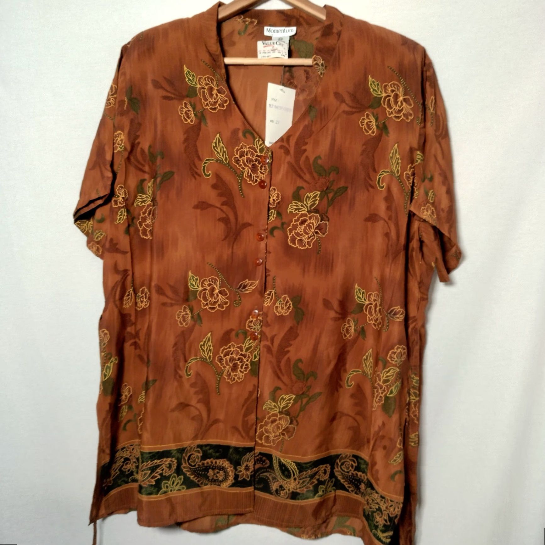 Vintage Momentum Blouse Women's Plus 2X Brown Floral Short Sleeve Tie Back Vintage 90s NOS Fairy V-Neck Button Blouse Size XXL / US 16-18 / IT 52-54 - 4 Thumbnail