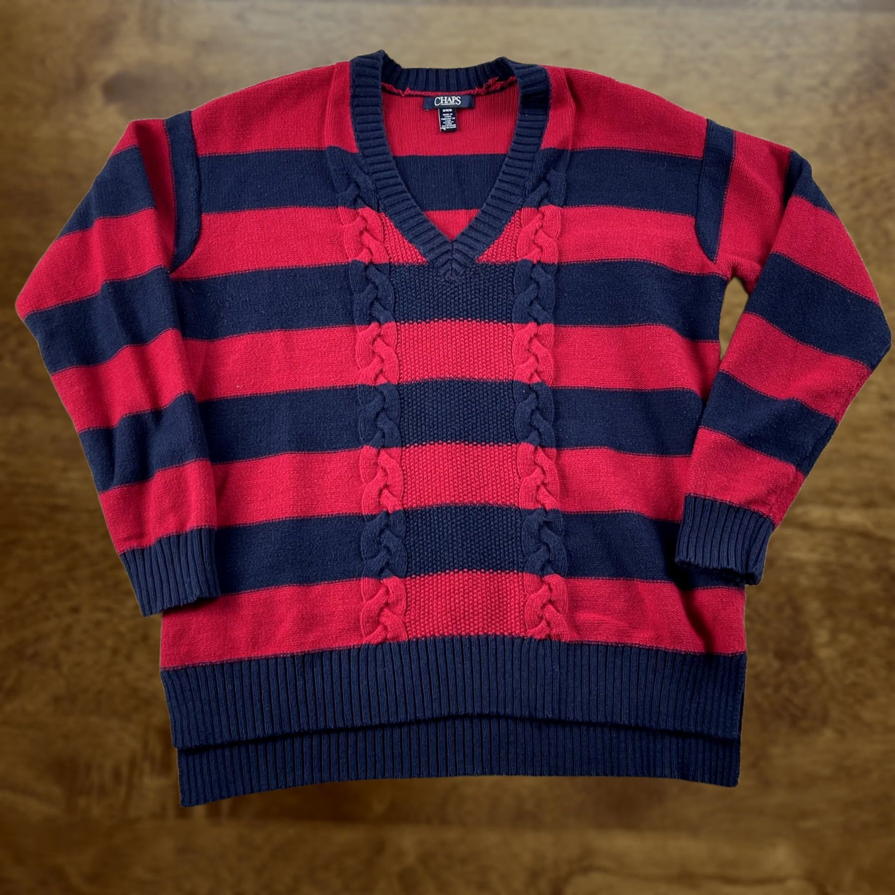 Chaps Chaps Sweater Women's M Red Navy Striped Cable-Knit V-Neck Pullover Casual Shirt? Size M / US 6-8 / IT 42-44 - 1 Thumbnail
