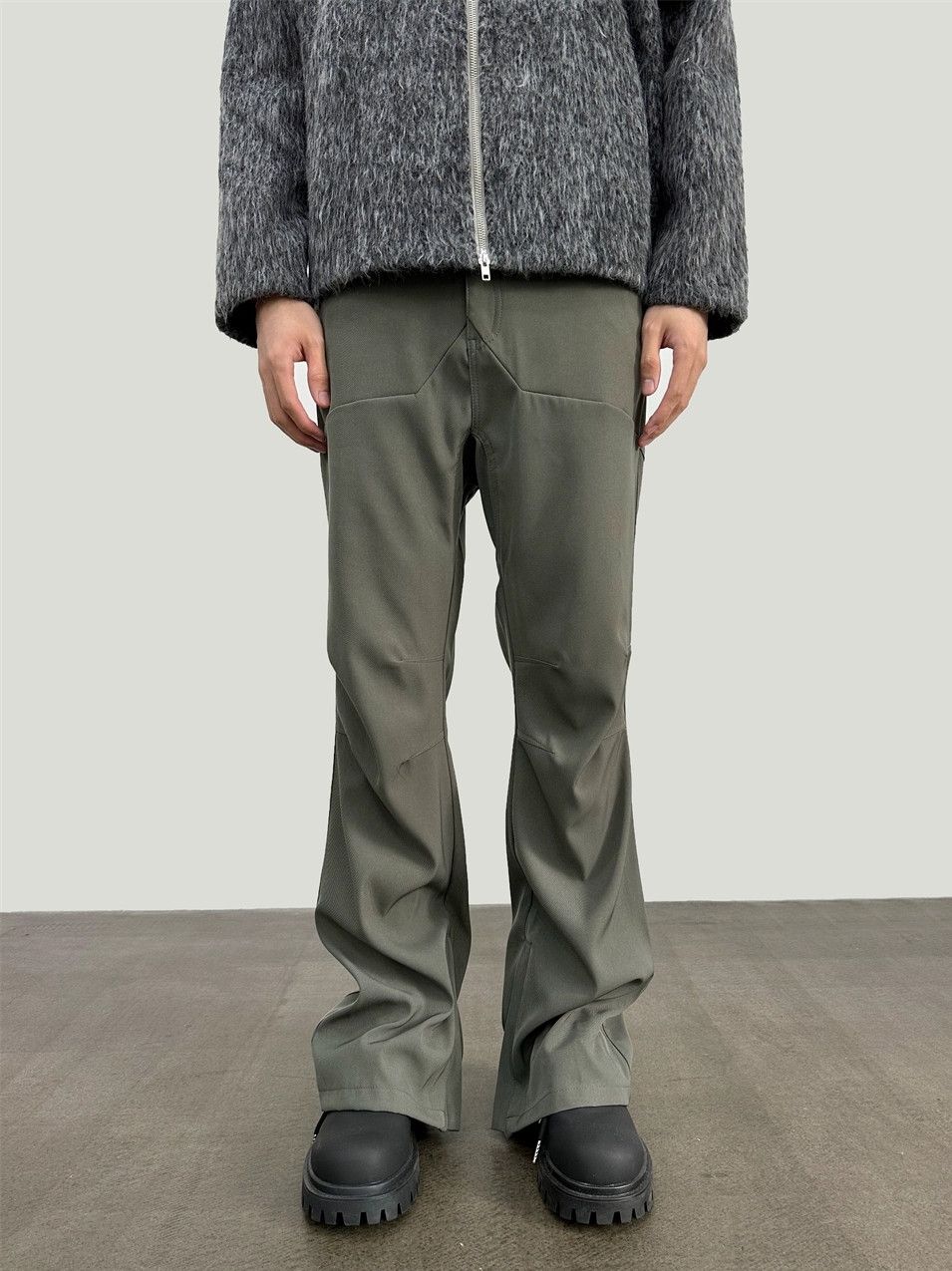 utility patchwork zipper flared pleated pants