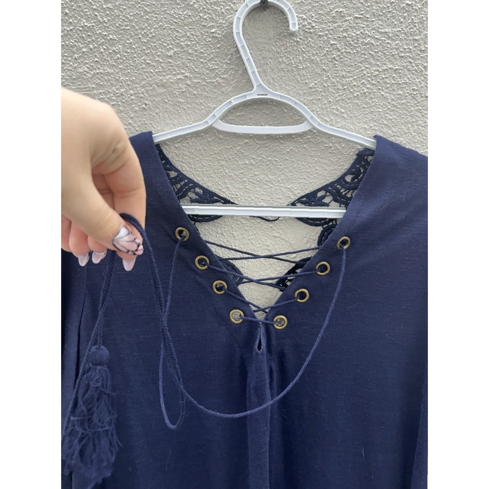 Vintage Xhilaration Juniors Blouse Size XXL Blue Cross V-Neck Embroidered Lace Back Size XL / US 12-14 / IT 48-50 - 2 Thumbnail