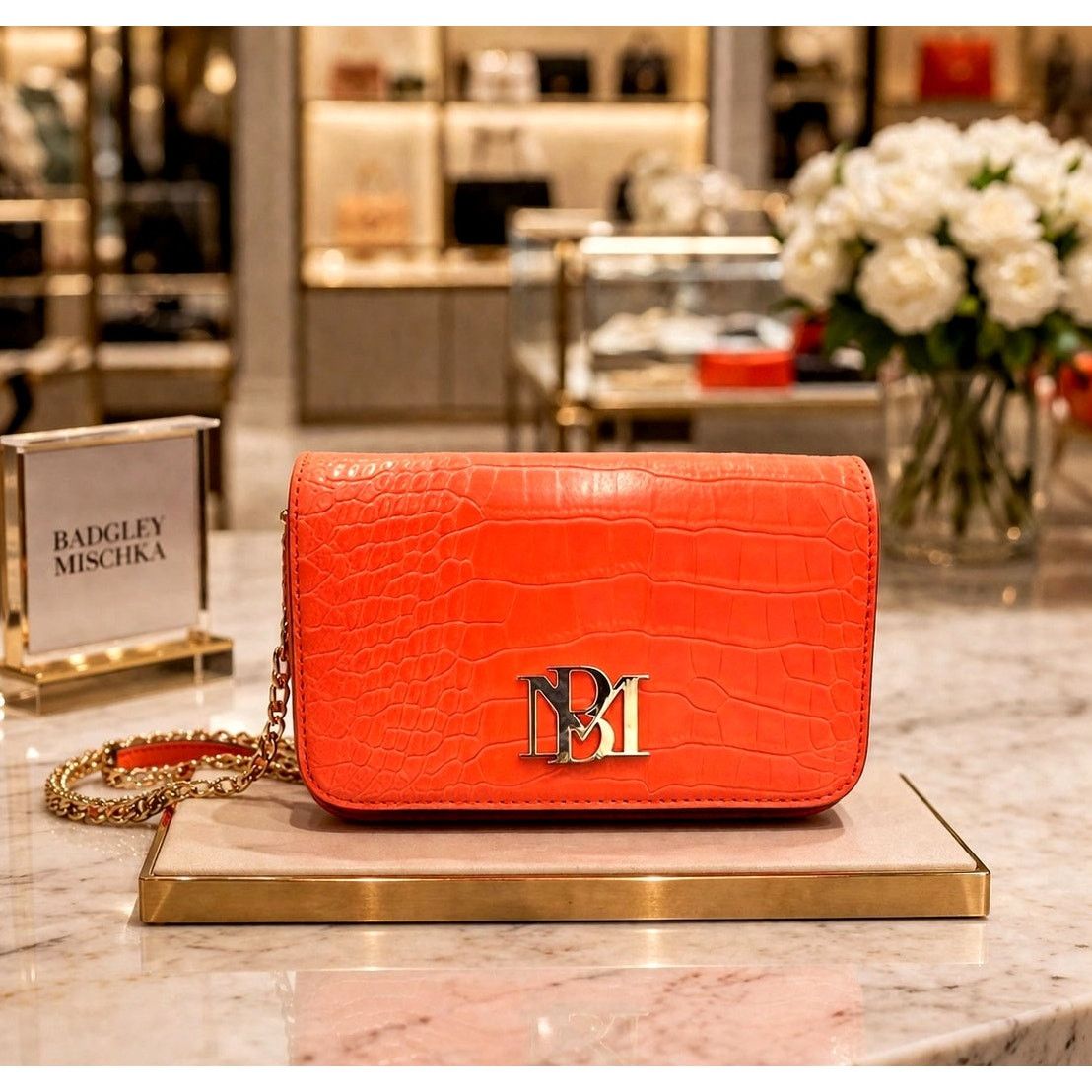 Badgley Mischka Badgley Mischka Croco Crossbody with Logo Plate - Orange Size ONE SIZE - 1 Thumbnail