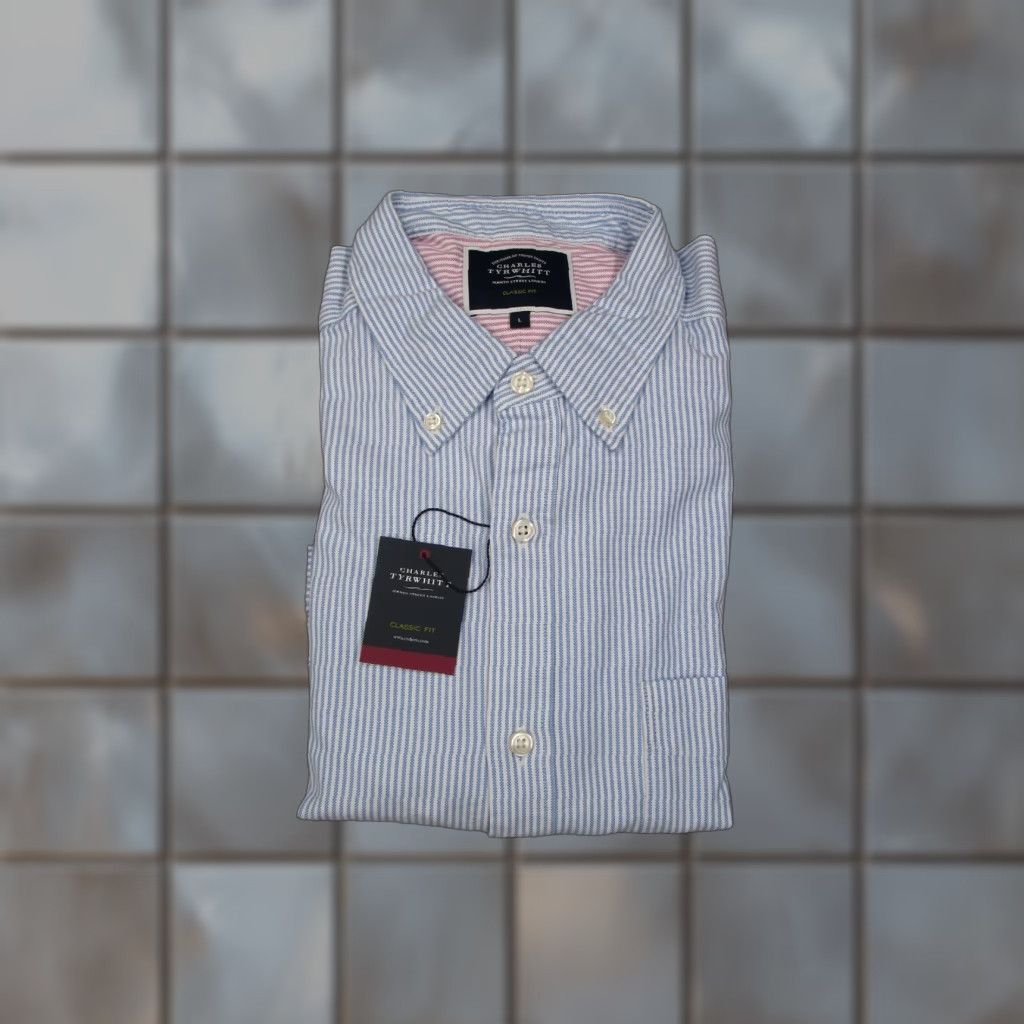 Charles Tyrwhitt VINTAGE Charles Tyrwhitt Dress Shirt Men Large Blue Bengal Stripe Button-Up Oxford Business Casual Wedding Classic Fit Size 42R - 1 Thumbnail
