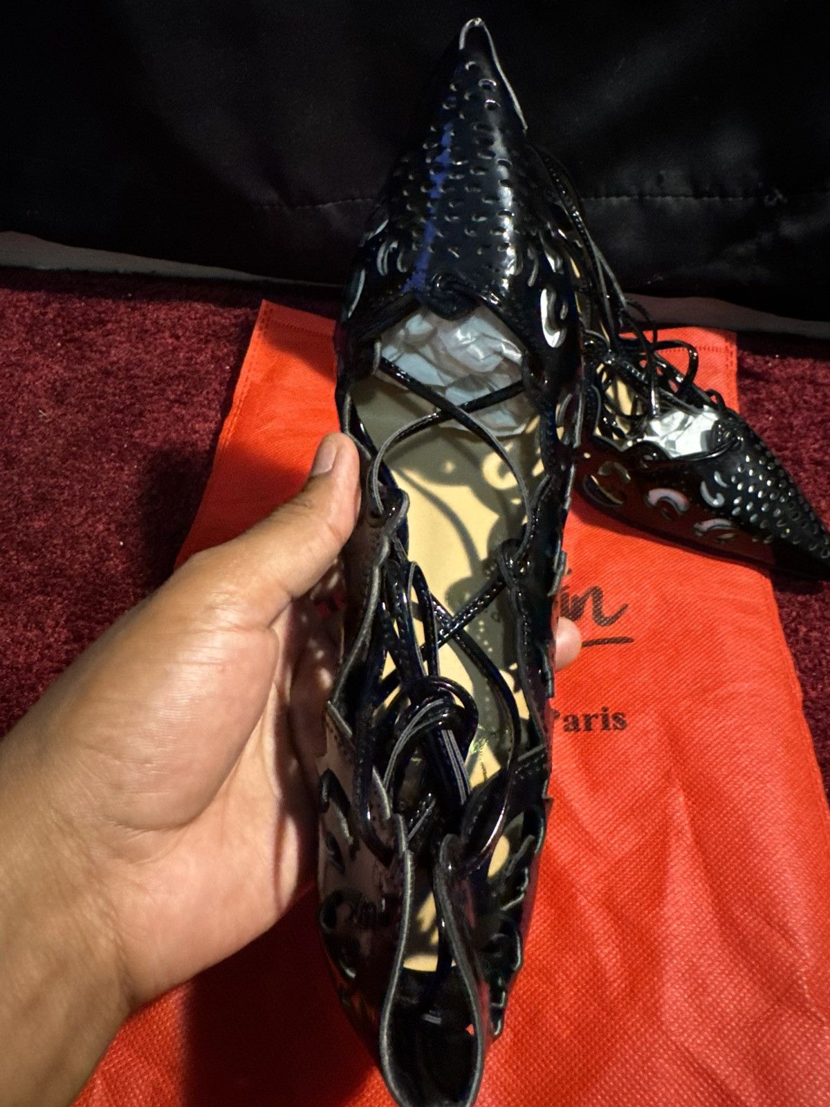 Christian Louboutin Christian Louboutin Black Patent Leather LaserCut Heels Mint Size US 7 / IT 37 - 5 Thumbnail