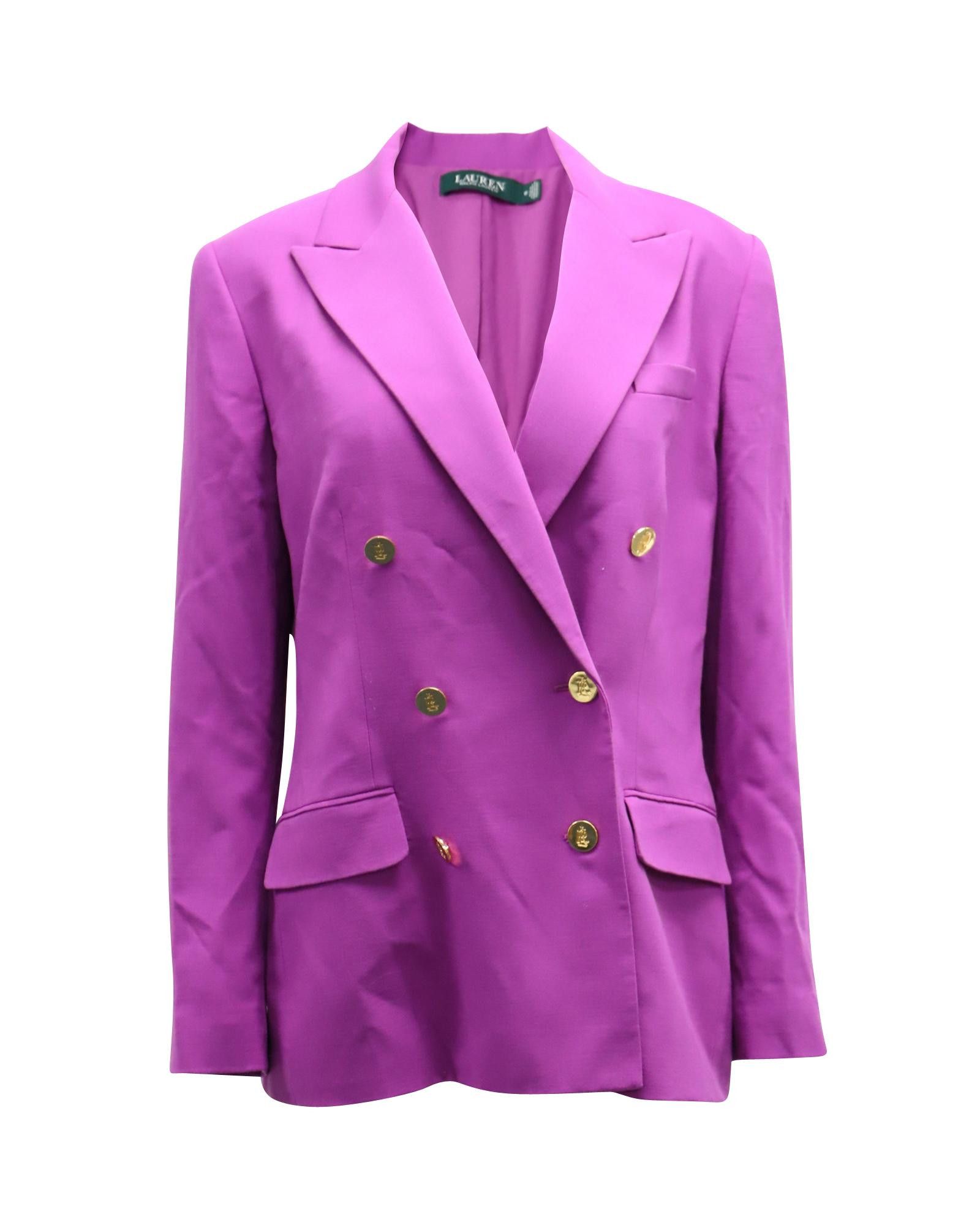 image of Ralph Lauren Double Breasted Blazer With Menswear-Inspired Peak Lapels In Purple Polyester, Women's