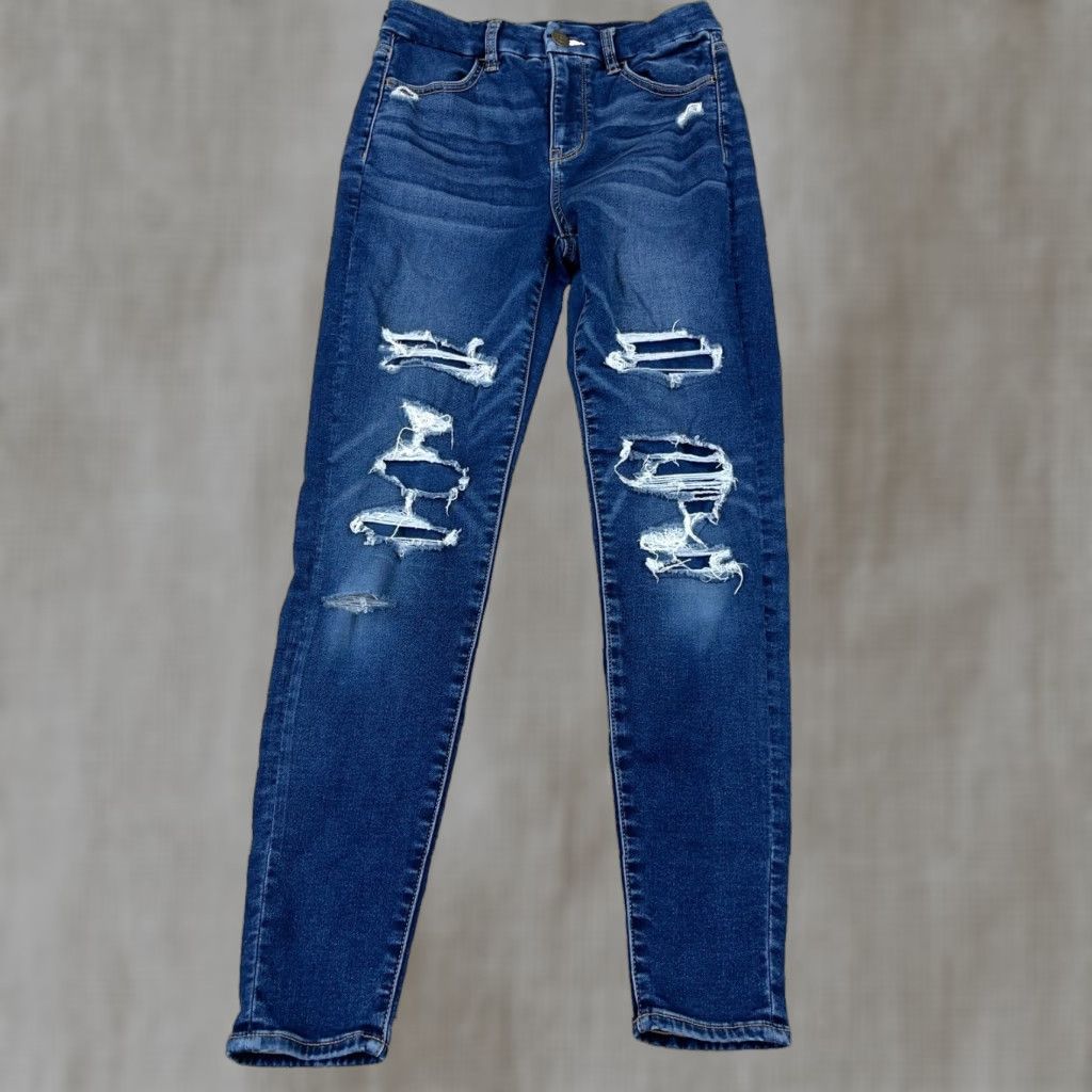 American Eagle Outfitters American Eagle Outfitters Jeans Women 4 Curvy High Rise Jegging Distressed Holes Blue 5-Pocket Regular Inseam 28 in Mens Womens Girls Boys Size 27" / US 4 / IT 40 - 1 Thumbnail