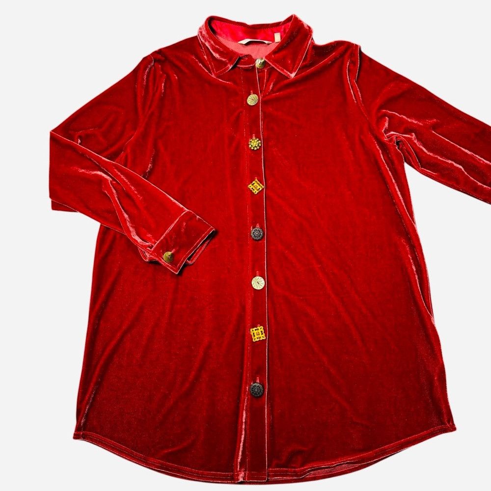 Soft Surroundings Soft Surroundings Red Velvet Button-Up Shirt Mixed Buttons Size M / US 6-8 / IT 42-44 - 6 Thumbnail