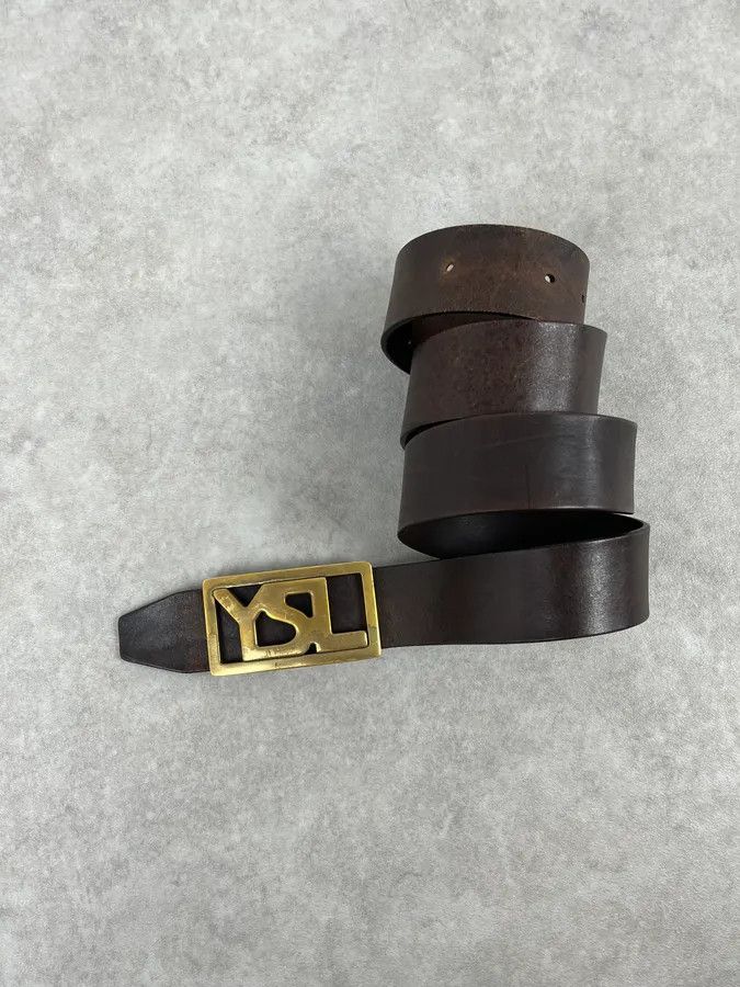Yves Saint Laurent 2000s Yves Saint Laurent Golden YSL Buckle Black Leather Belt Size ONE SIZE - 3 Thumbnail