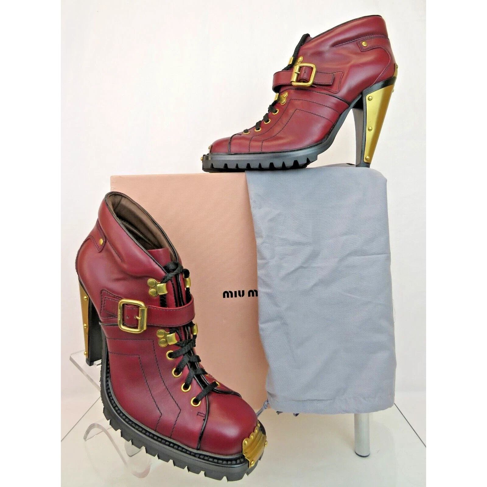 Prada MIU MIU PRADA BURGUND LEATHER METAL BELTED ANKLE BOOTS 40 IT Size US 10 / IT 40 - 1 Thumbnail