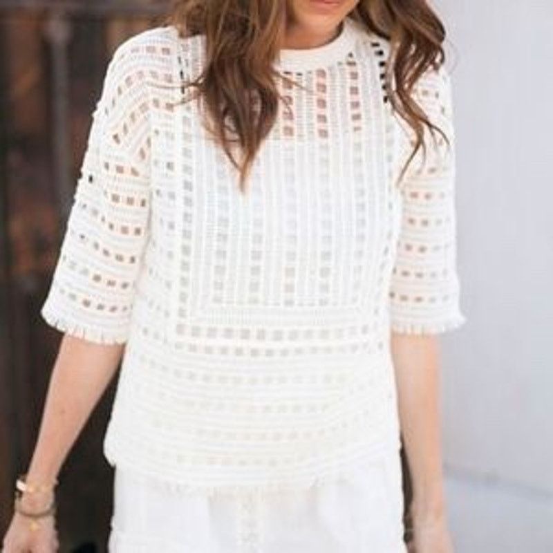 Tory Burch Tory Burch Ivory Open Knit Crochet Lace Short Sleeve Top Size M / US 6-8 / IT 42-44 - 1 Thumbnail
