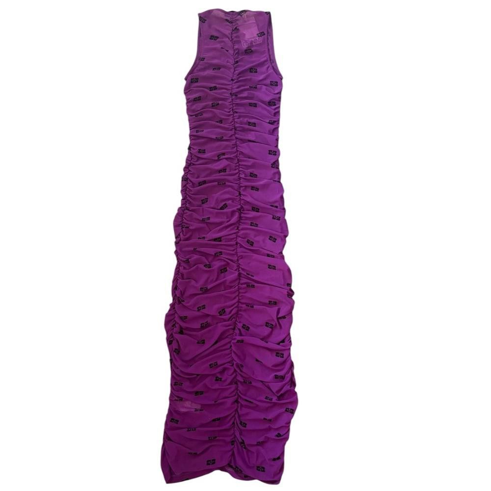 Ganni GANNI Printed Ruched Mesh Midi Dress Sparkling Grape NWT Size XS / US 0-2 / IT 36-38 - 11 Thumbnail