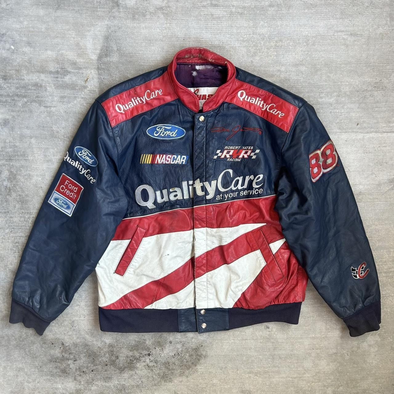 Vintage 90s Nascar Navy Leather Racing Jacket by Chase Authentics  