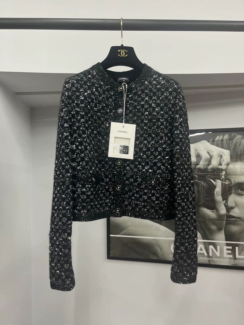 Chanel 23B Black Sequin Knit Top