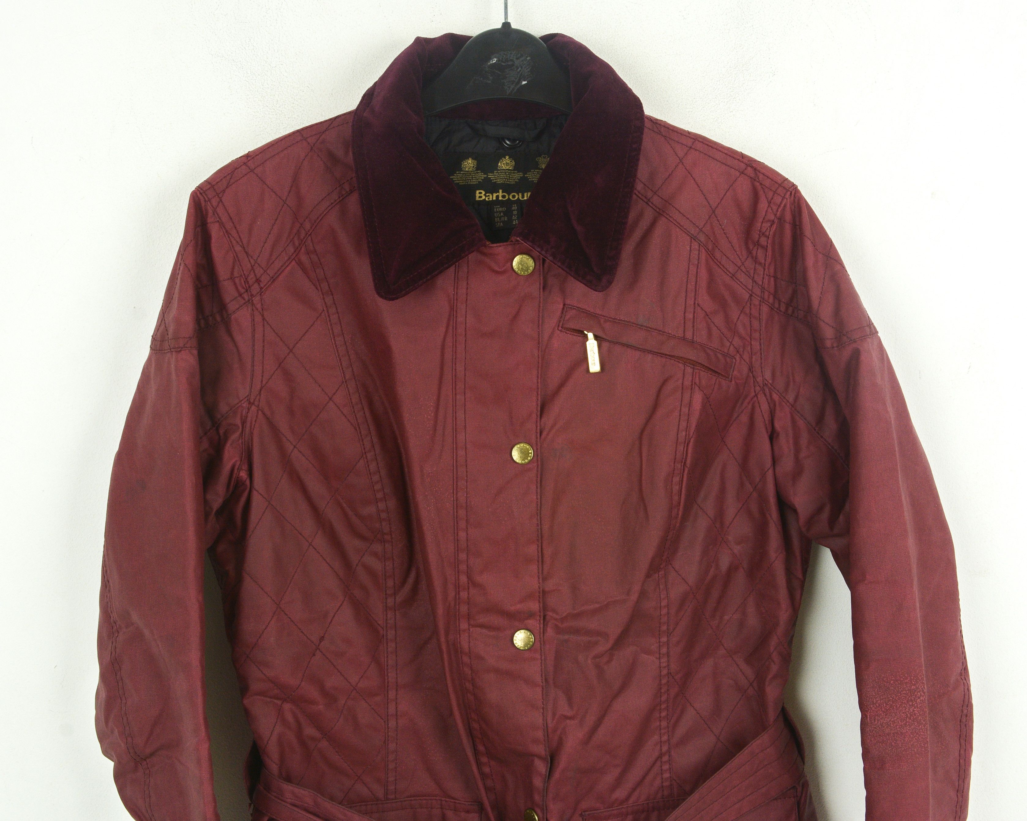 Barbour Women's UK 14 Waxed Cotton Jacket Burgundy Belted EU 40 Size L / US 10 / IT 46 - 3 Thumbnail