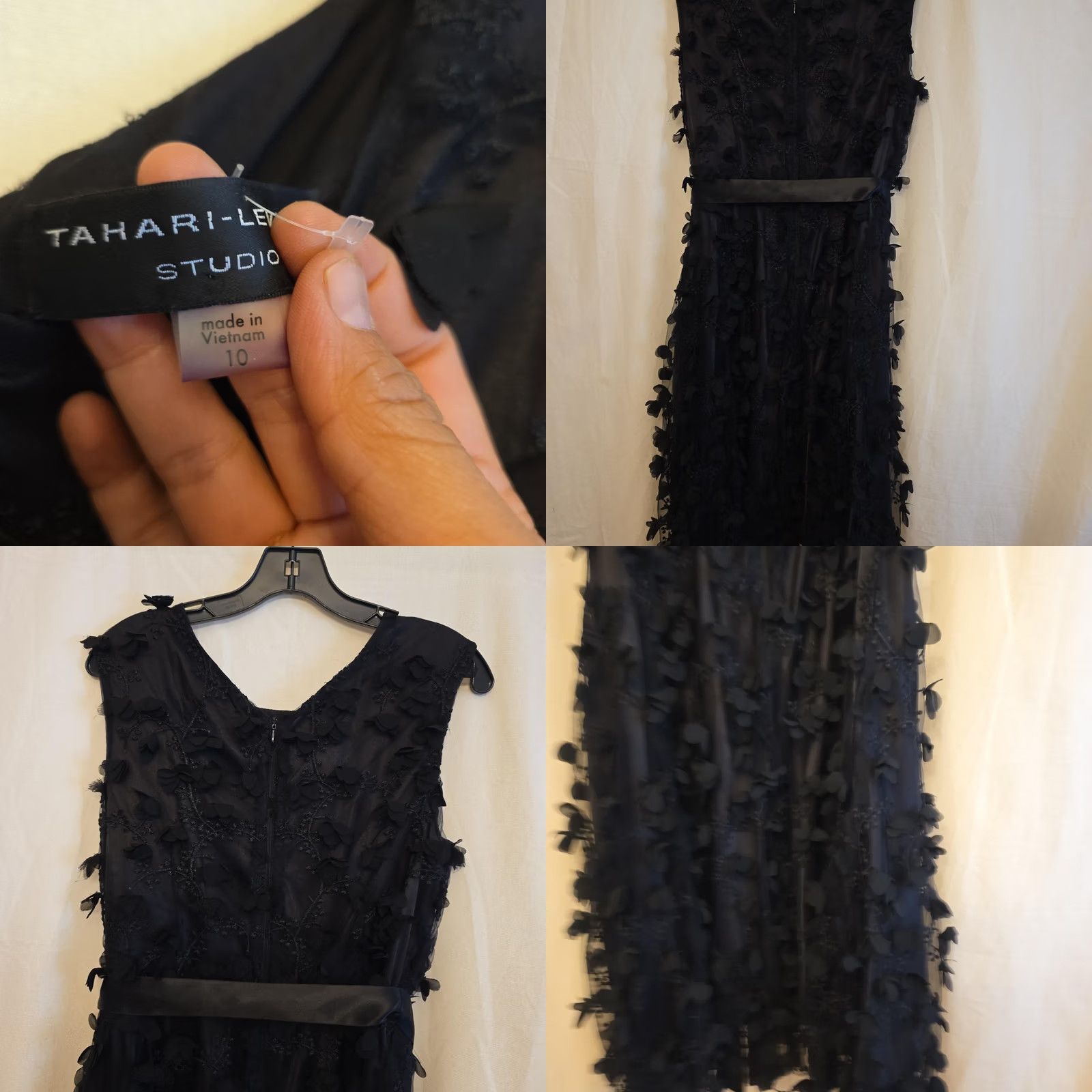 Vintage Tahari-Levine Studio Dress Womens 10 Black Tulle 3D Floral Beaded Belted Midi Size L / US 10 / IT 46 - 8 Thumbnail