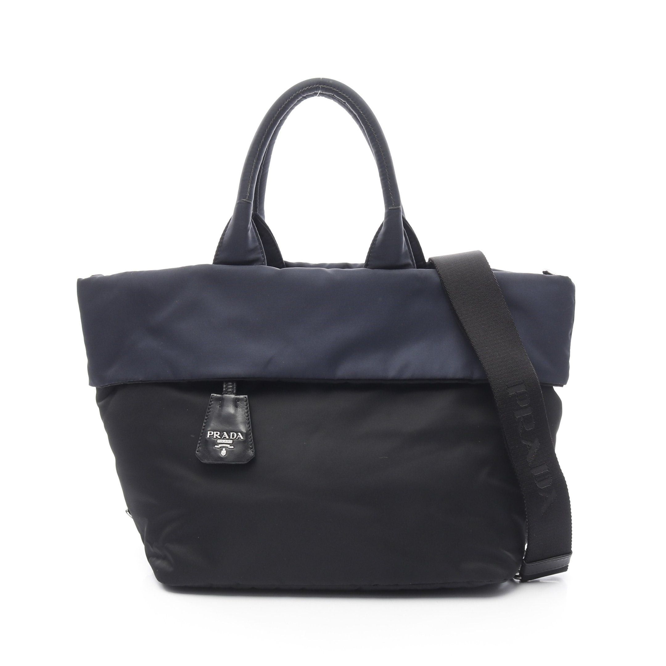 Prada Tessuto Double Handbag Tote Bag Nylon Leather Black Navy, Women's