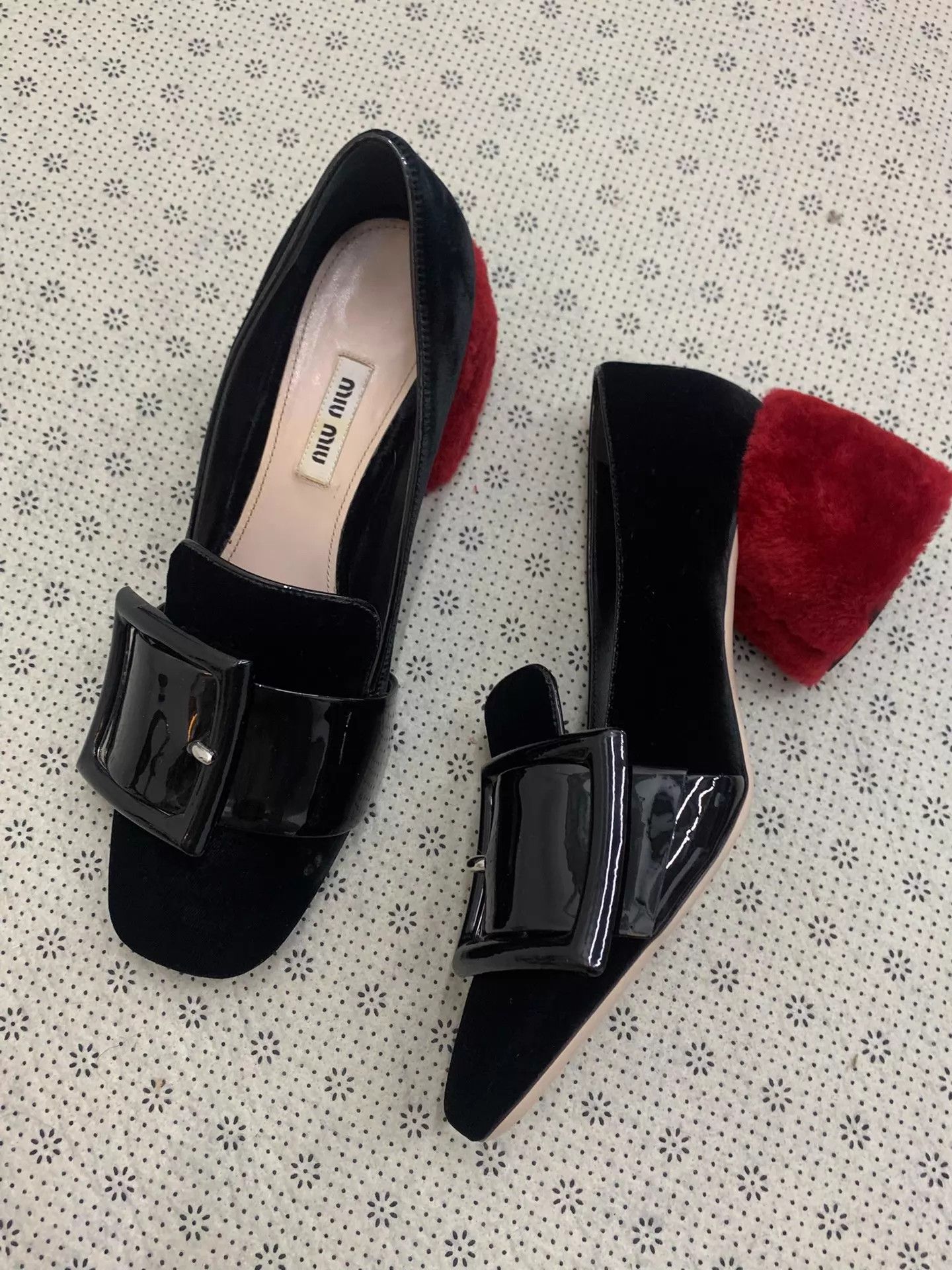 Miu Miu MIU MIU red velvet black colorblock heels 38.5 new Size US 8 / IT 38 - 2 Thumbnail