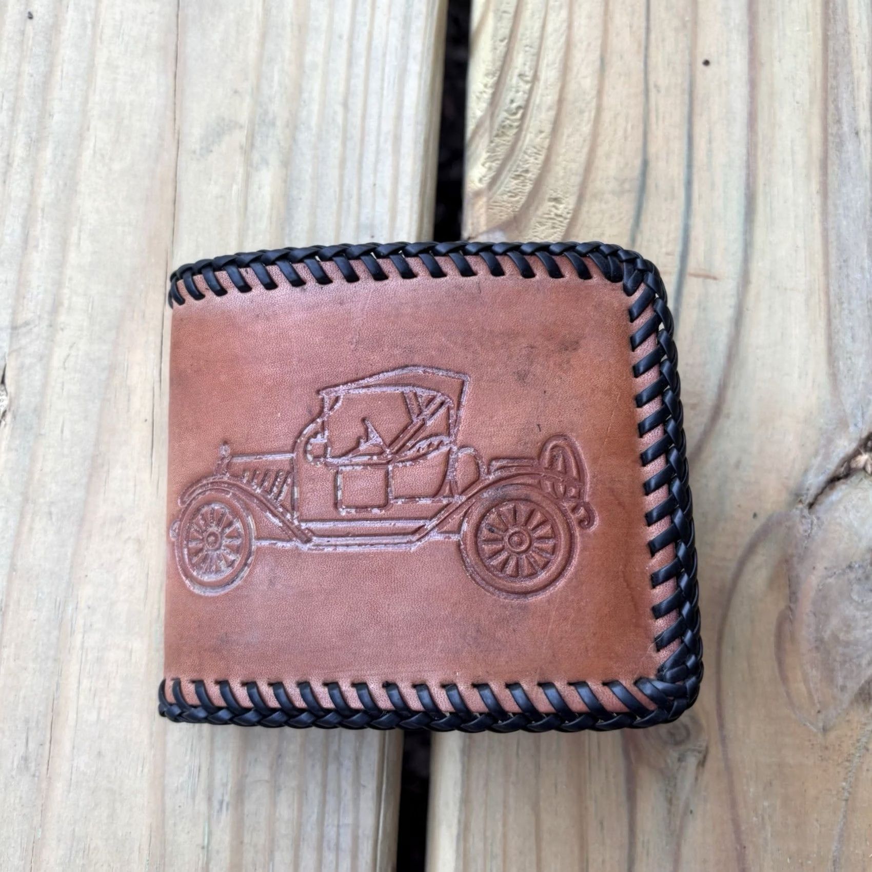 Vintage VINTAGE Leather Wallet Hand Tooled Bi-Fold Handmade Whipstitch Tractor Farmer Men Brown Wallet Size ONE SIZE - 4 Thumbnail