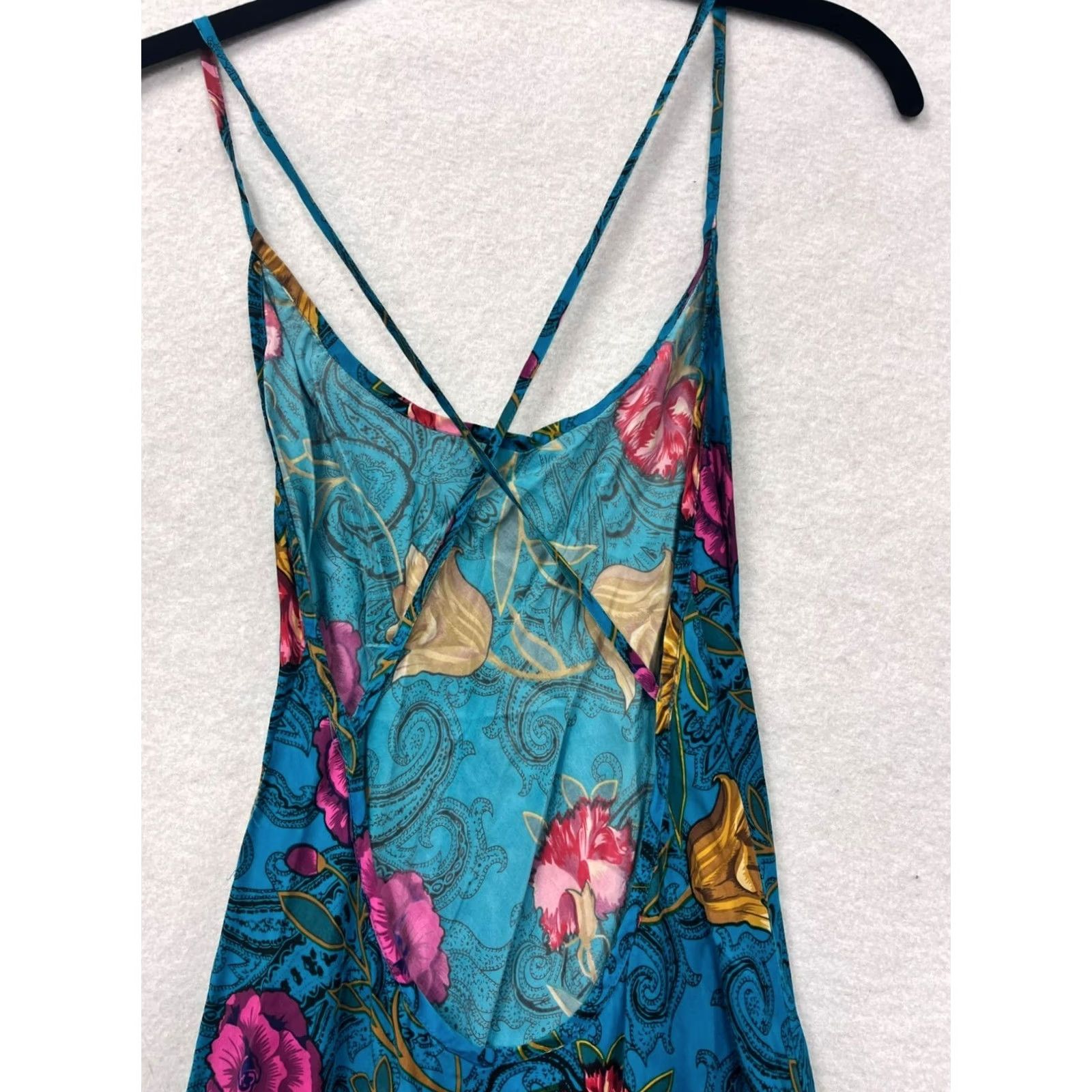 Vintage Rene Rofe Womens Slip Dress Silk Floral Print Midi Crossback Open Back M Blue Size M / US 6-8 / IT 42-44 - 4 Thumbnail