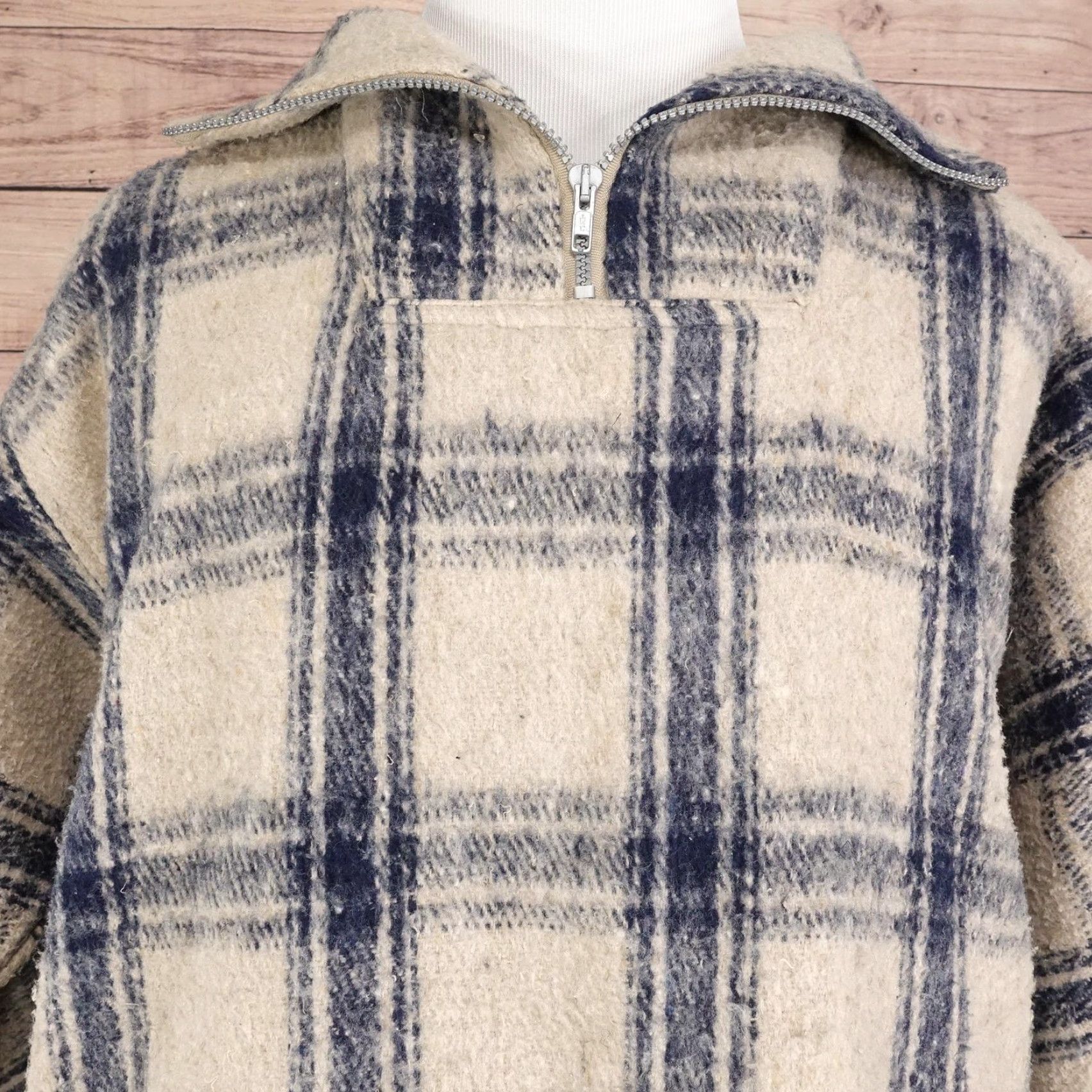 Vintage Earth Ragz Sweater Mens Medium Beige Blue Plaid Quarter Zip Pullover Warm Size US M / EU 48-50 / 2 - 2 Thumbnail