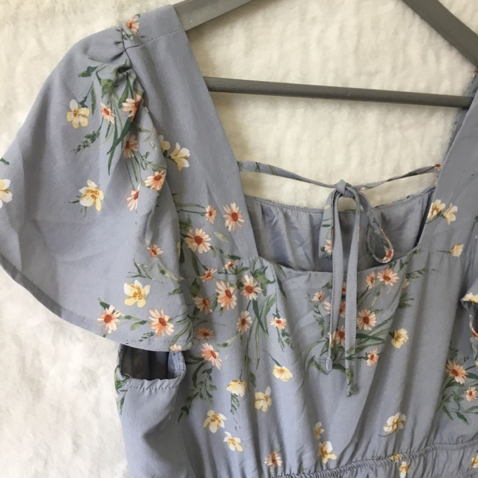 Other Pink Rose Blue Floral Smocked Waist Flutter Sleeve Dress Size L / US 10 / IT 46 - 8 Thumbnail