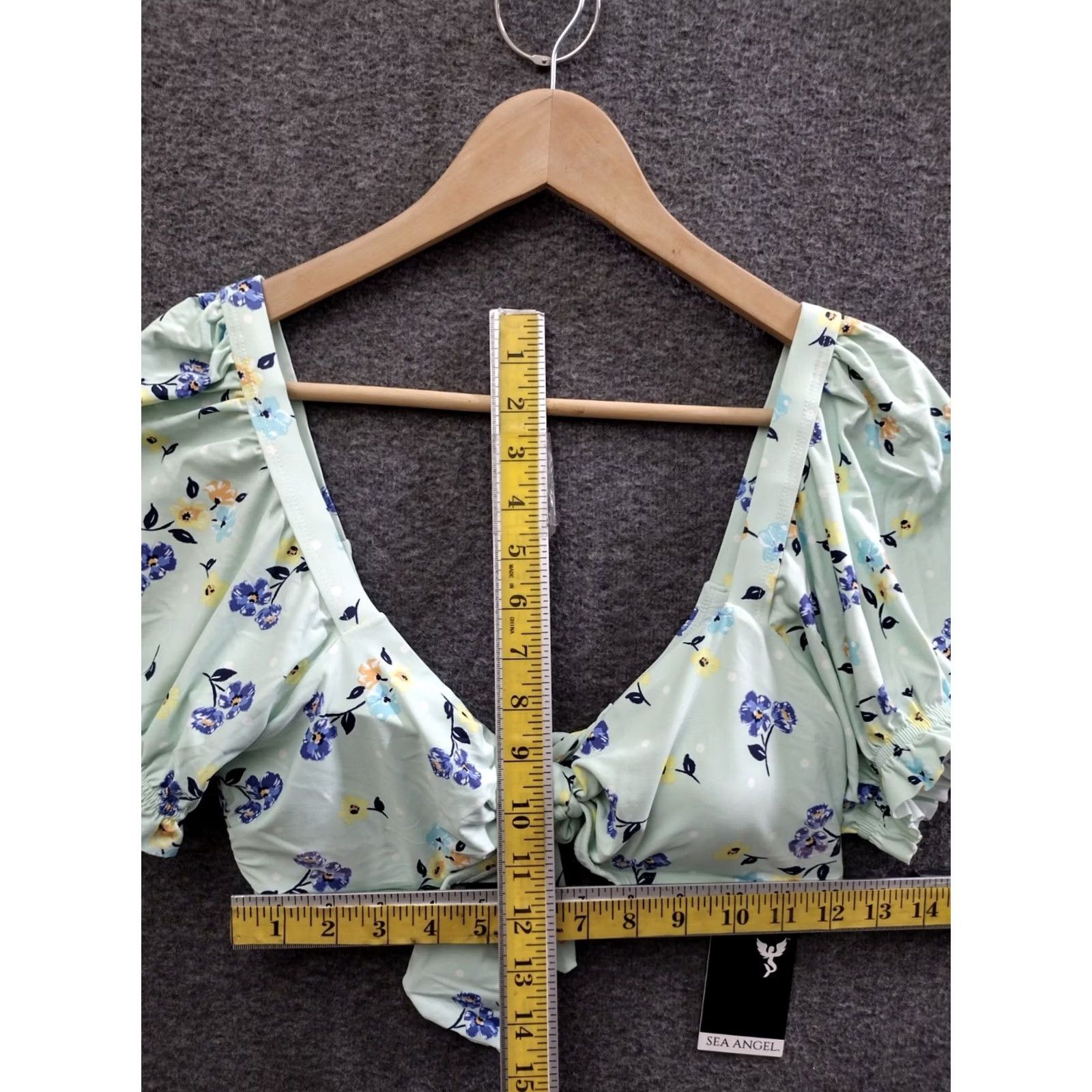 Vintage Sea Angel Flower Print Puffed Sleeve Bikini Top Women L Floral Print Beach Pattern Tie-Front Removable Pads Size L / US 10 / IT 46 - 4 Thumbnail