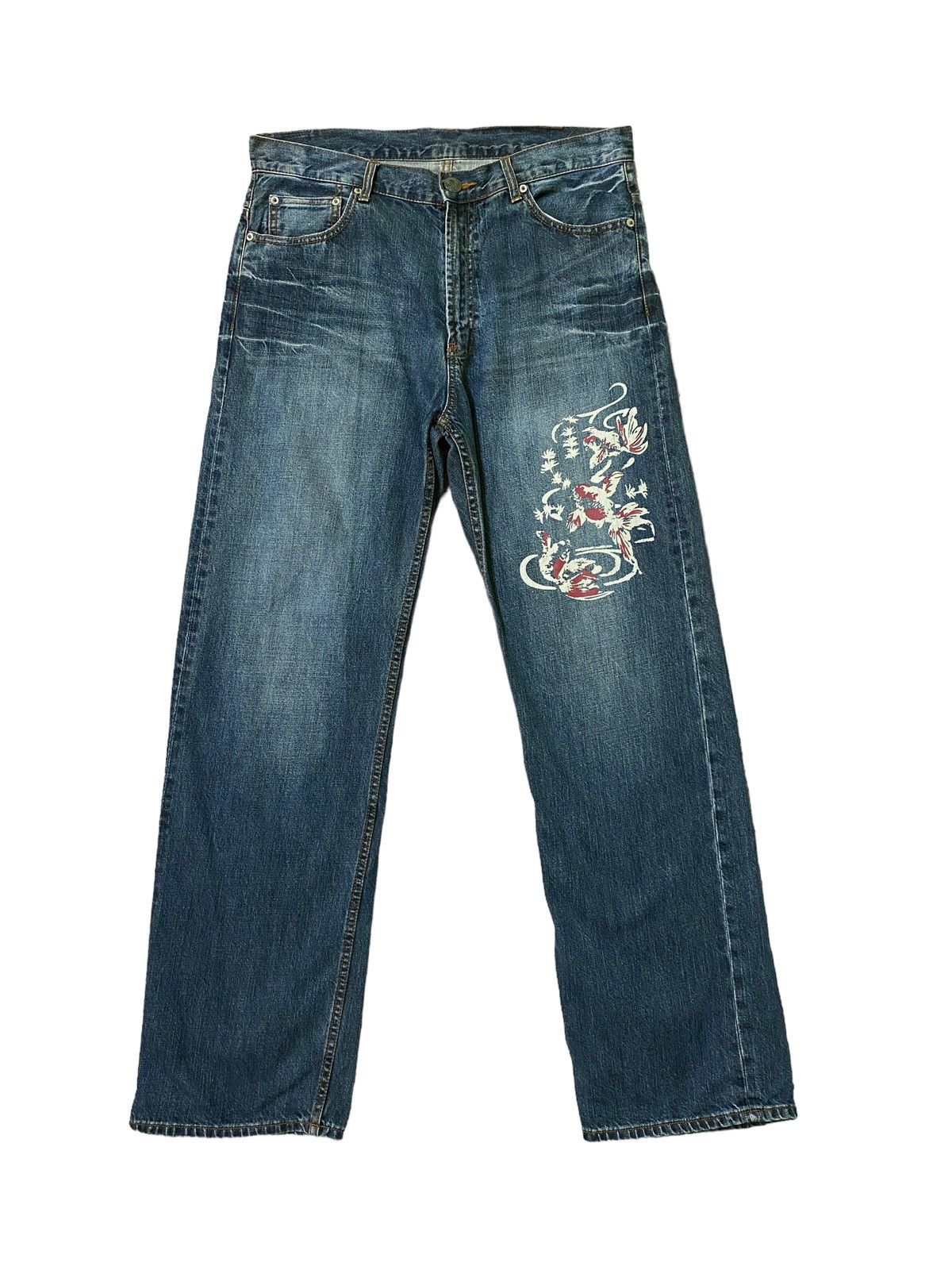 image of Vintage Japan Traditional Fish Koi Acid Wash Printed Denim in Blue, Men's (Size 33)