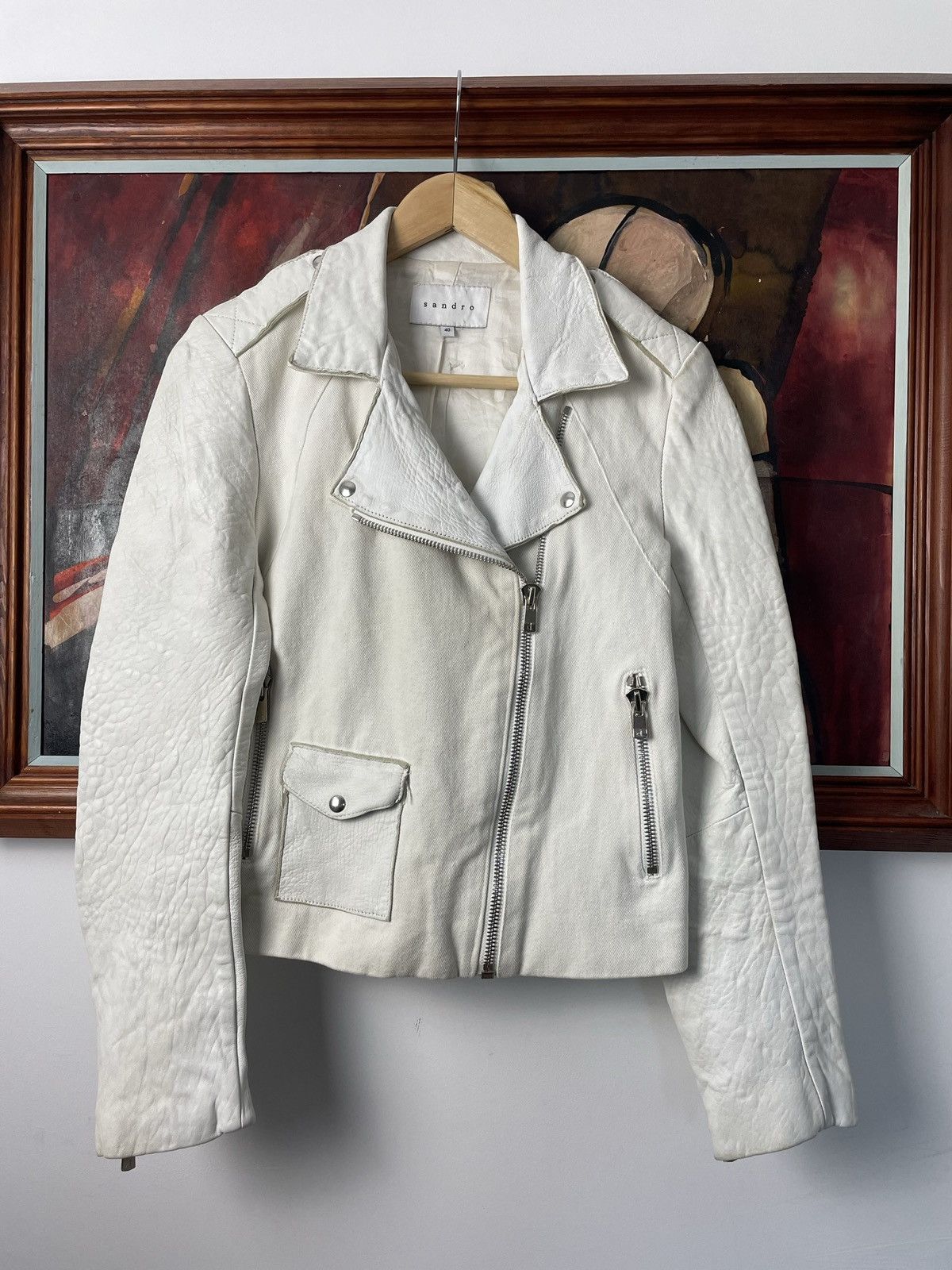 Sandro Sandro Paris Cream White Biker Leather Jacket Designer Rare Size M / US 6-8 / IT 42-44 - 1 Thumbnail