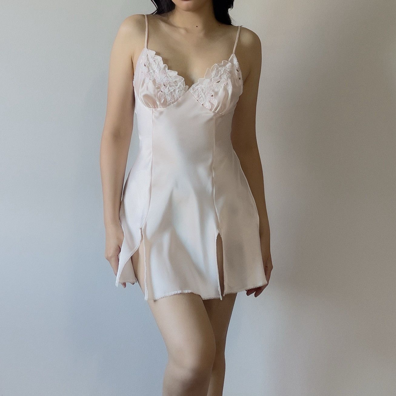 Vintage 1980s Blush Pink Satin Mini Slip Dress (Medium)