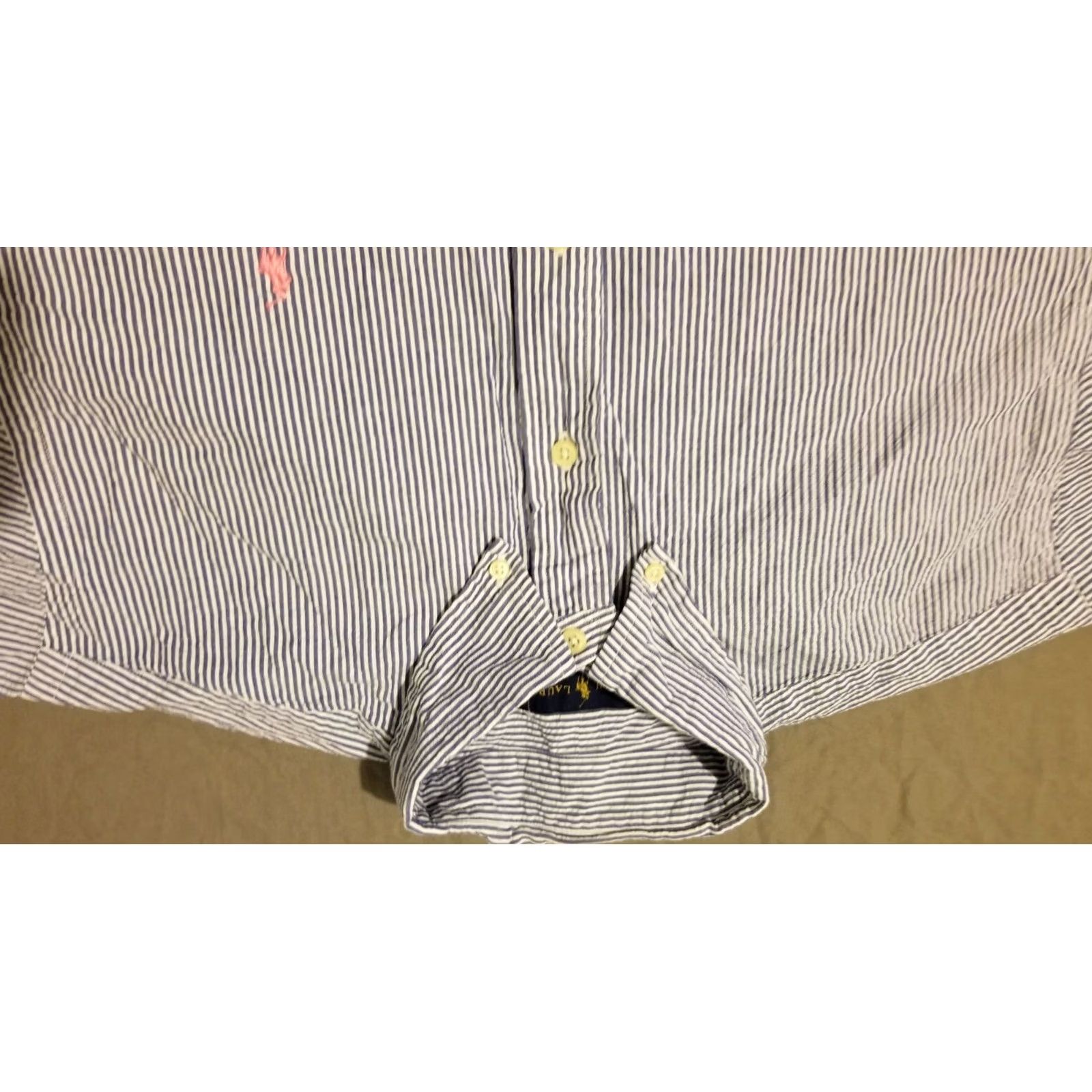 Polo Ralph Lauren Polo Ralph Lauren Mens L Blue Cotton Stripes Seersucker Button Dress Shirt Size 42R - 2 Thumbnail