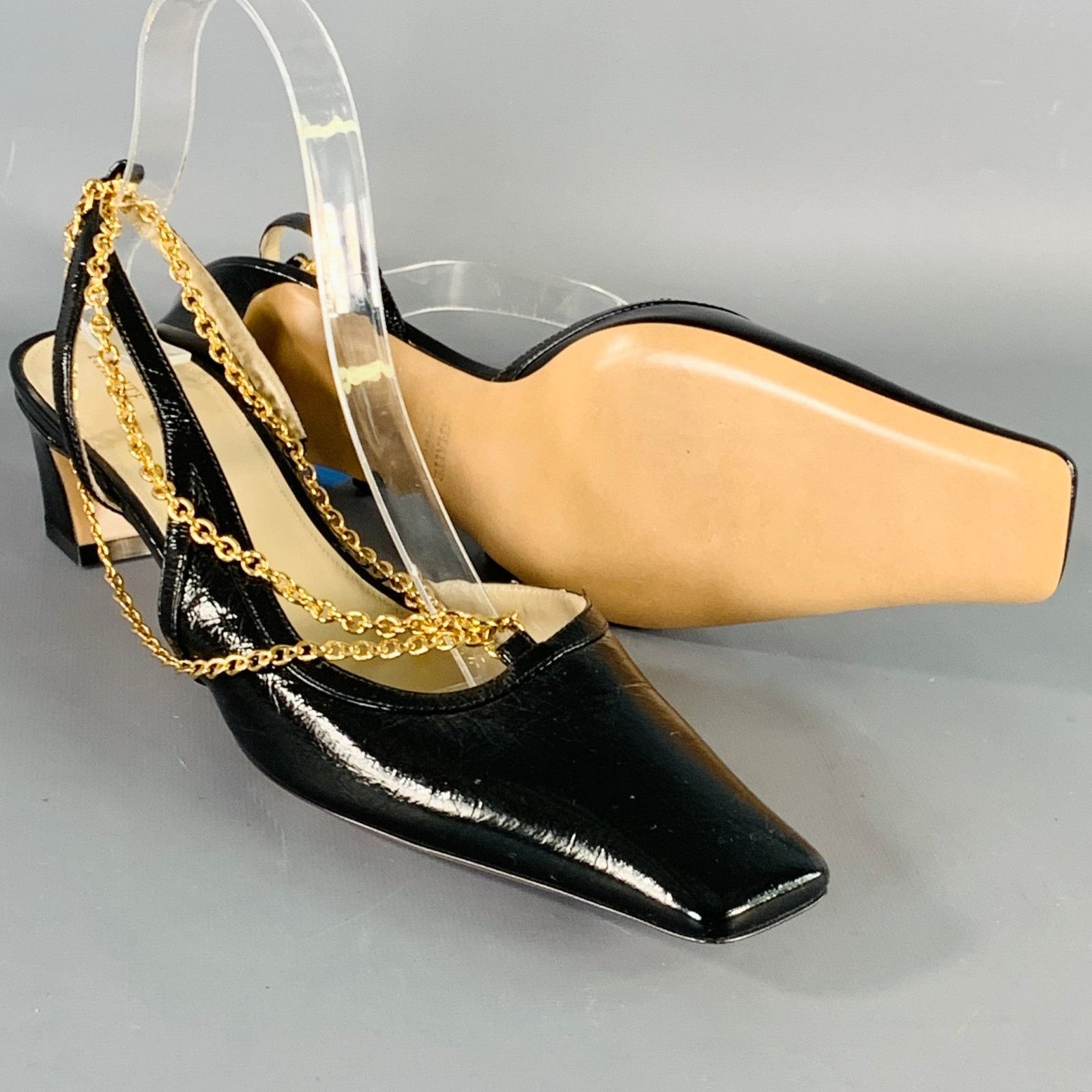 KHAITE Marfa Black Gold Leather Crinkled Chain Slingback Pumps Size US 9.5 / IT 39.5 - 5 Thumbnail