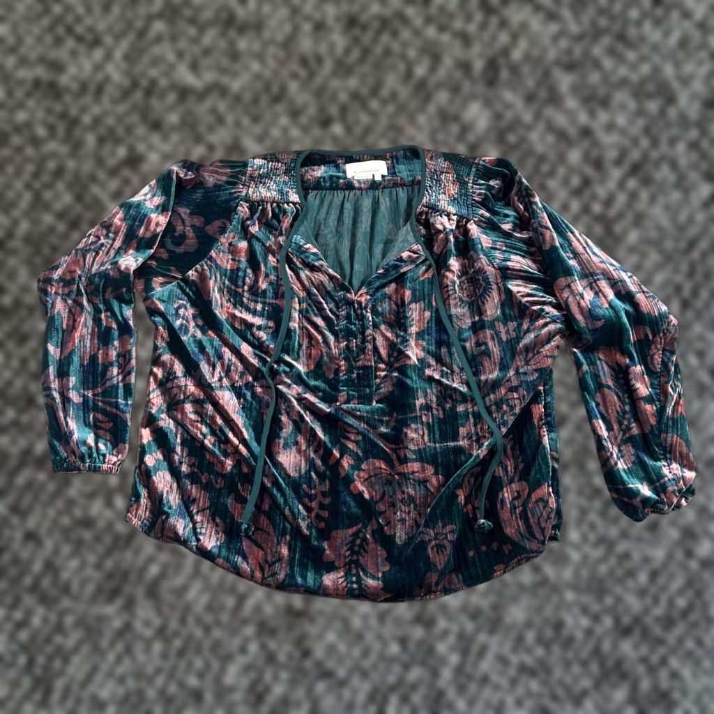 Anthropologie VINTAGE? No, it's not vintage. Anthropologie Blouse Shirt Bohemian Peasant V-Neck Velvet Floral Long Sleeve S Blue/Teal 2010s Boho Womens Size S / US 4 / IT 40 - 1 Thumbnail