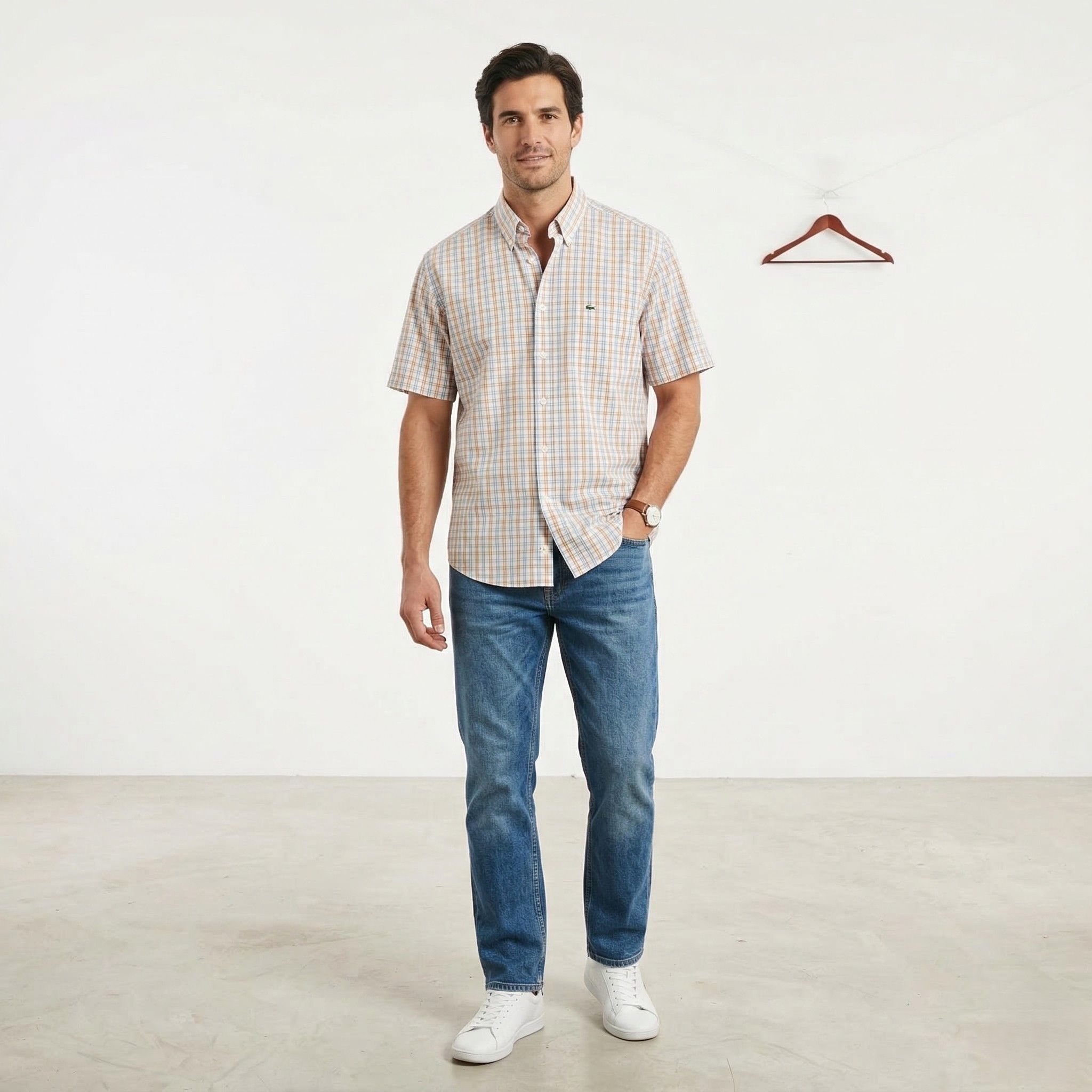 Lacoste Lacoste Men 44 L Casual Shirt Blue Orange Check 0855 Size US L / EU 52-54 / 3 - 1 Thumbnail